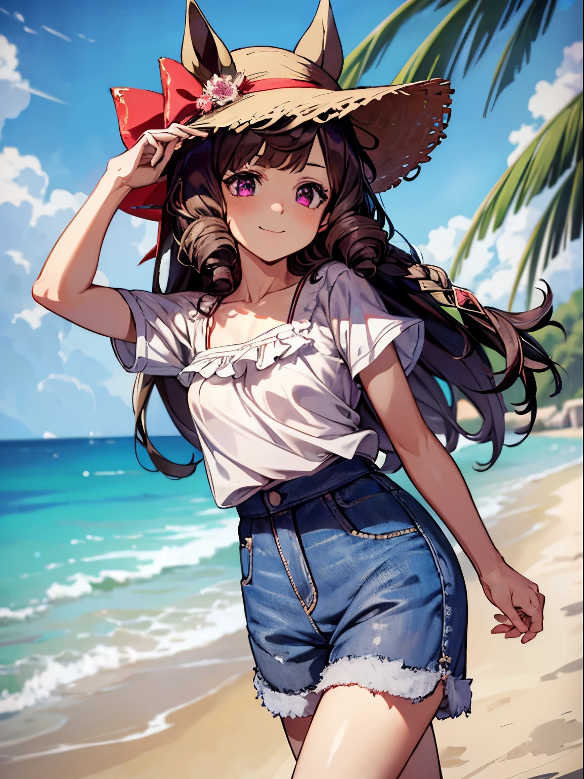 1 girl, Solo, Cute Girl,Best Quality, Ultra-detailed, 8K, High resolution, detailed face, madeon, horse ears, white camisole, short pants, denim pants, wearing a straw hat, walking on the beach, smile, gentle smile,