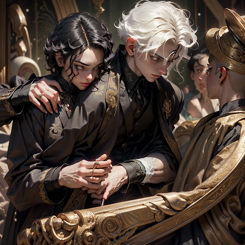 The vampire man has skin as pale as snow and bright green eyes like emeralds.. Your hair is black and short, with an impeccable cut that highlights your aristocratic features. He wears a black velvet cape that flows elegantly and has a dark red lining.. Below the cover, wears formal attire with a brocade vest and high-collared shirt. In one hand, he holds a black umbrella with refined details, that complements your sophisticated look. Your hands are slender and pale, with long fingers and well-groomed nails. An antique ring with an intricately carved signet adorns her ring finger.
