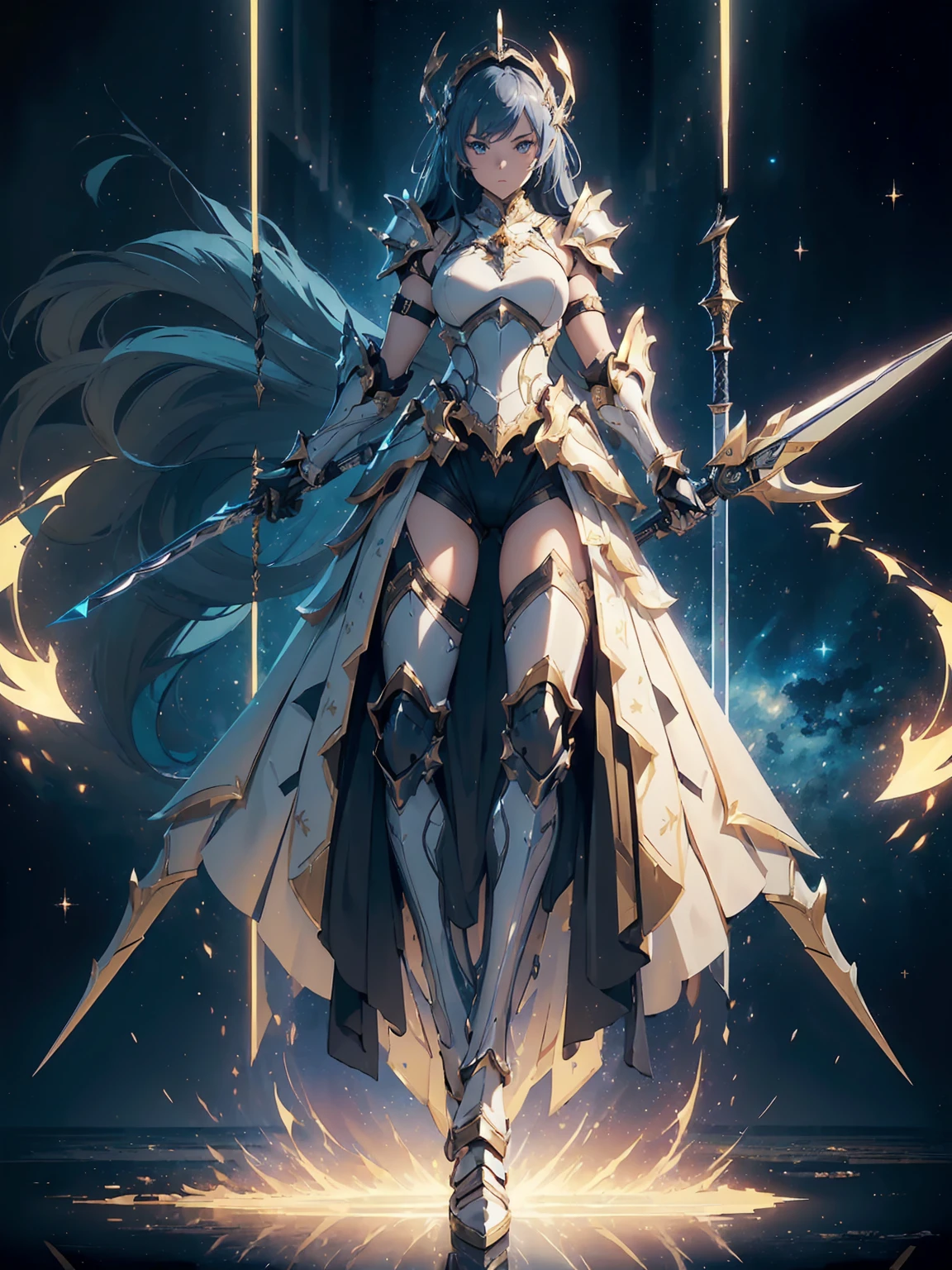(((masterpiece, best quality, high detailed, 8k))) Design a layout showcase Gaming character, (1girl). Gold+White armor, stylish and unique. ((showcase weapon:1.4)), celestial bow. (masterpiece:1.2), (best quality), 4k, ultra-detailed. (Step by step design, layout art:1.5), (luminous lighting, atmospheric lighting). celestial archer, ((glove full hands)), (((revealing armor:1.3))), vambraces, armored legwear, (((full_body_shot:1.4))). {In a starry sky}.