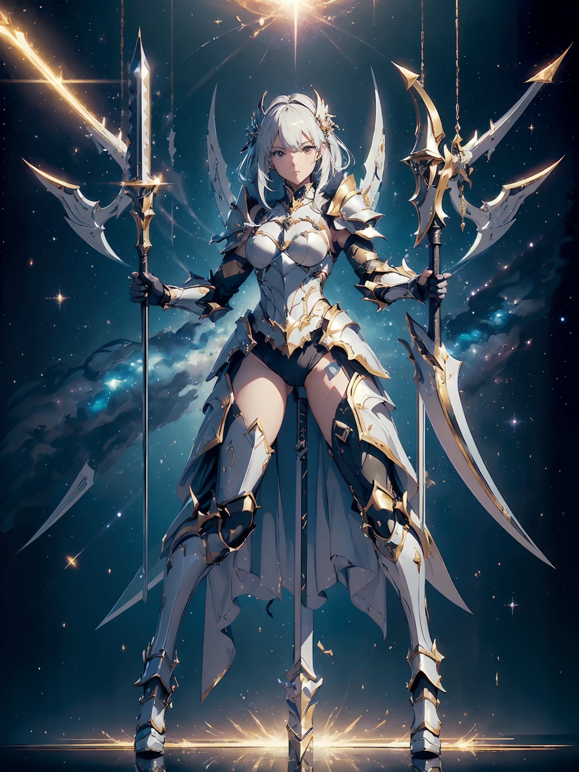 (((masterpiece, best quality, high detailed, 8k))) Design a layout showcase Gaming character, (1girl). Gold+White armor, stylish and unique. ((showcase weapon:1.4)), celestial bow. (masterpiece:1.2), (best quality), 4k, ultra-detailed. (Step by step design, layout art:1.5), (luminous lighting, atmospheric lighting). celestial archer, ((glove full hands)), (((revealing armor:1.3))), vambraces, armored legwear, (((full_body_shot:1.4))). {In a starry sky}.
