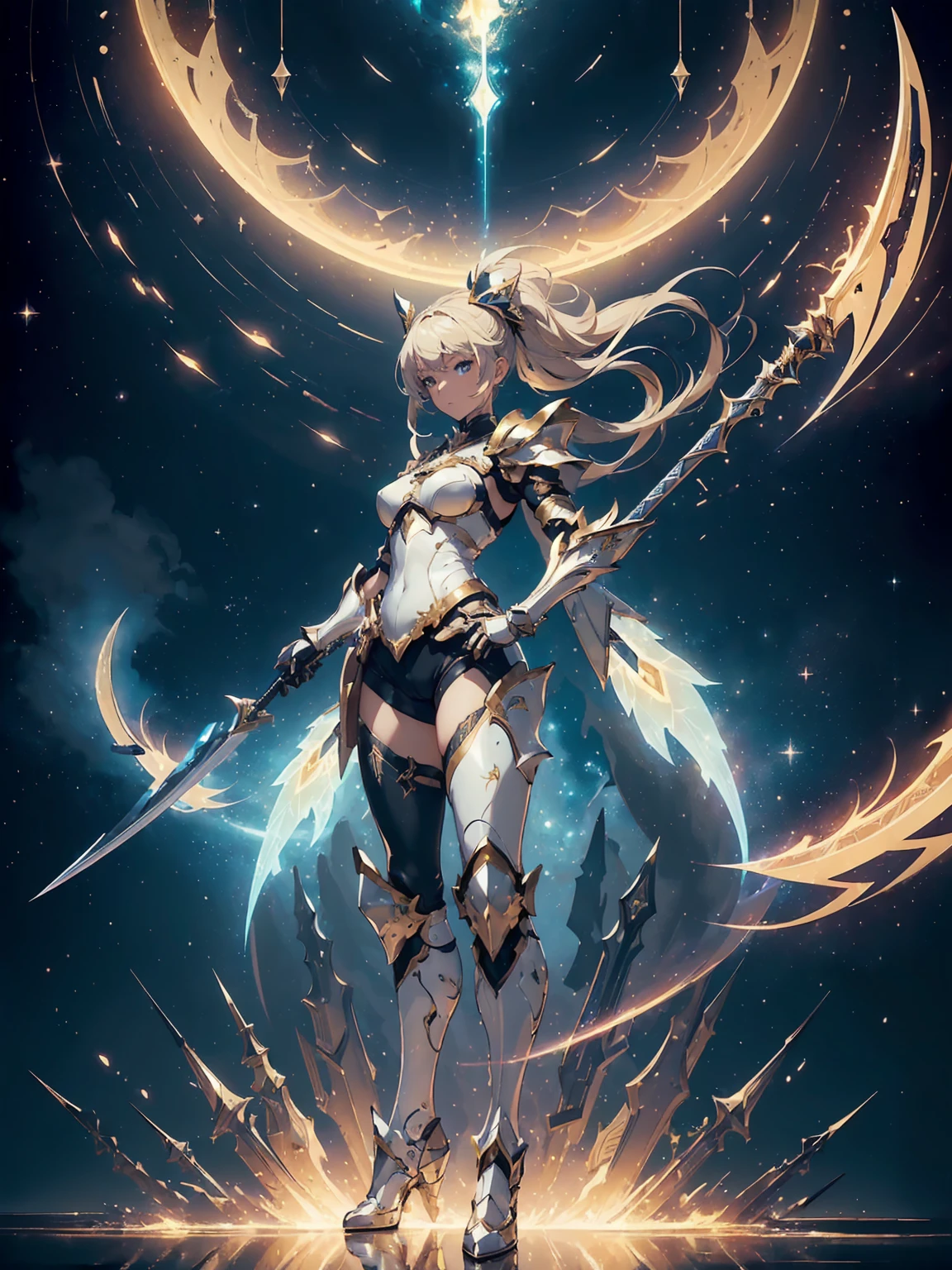 (((masterpiece, best quality, high detailed, 8k))) Design a layout showcase Gaming character, (1girl). Gold+White clothes, stylish and unique. ((showcase weapon:1.4)), celestial bow. (masterpiece:1.2), (best quality), 4k, ultra-detailed. (Step by step design, layout art:1.5), (luminous lighting, atmospheric lighting). celestial archer, ((glove full hands)), (((revealing clothes:1.3))), vambraces, armored legwear, (((full_body_shot:1.4))). {In a starry sky}.
