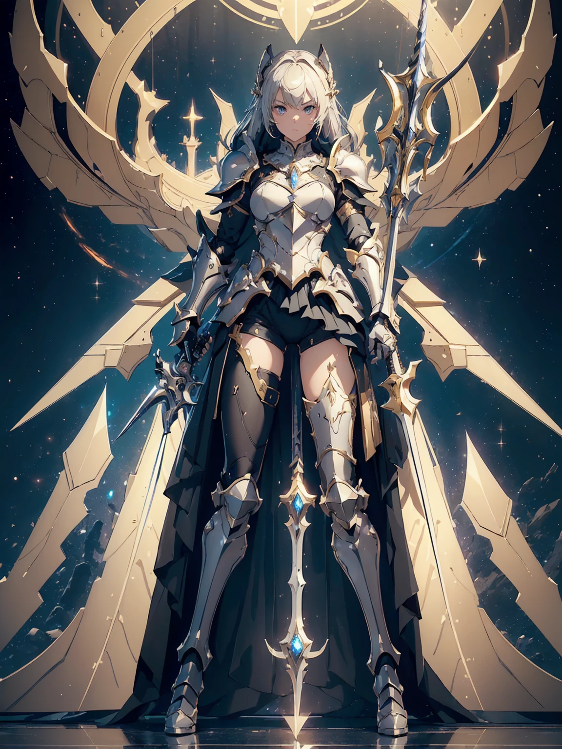 (((masterpiece, best quality, high detailed, 8k))) Design a layout showcase Gaming character, (1girl). Gold+White armor, stylish and unique. ((showcase weapon:1.4)), celestial bow. (masterpiece:1.2), (best quality), 4k, ultra-detailed. (Step by step design, layout art:1.5), (luminous lighting, atmospheric lighting). celestial archer, ((glove full hands)), (((revealing armor:1.3))), vambraces, armored legwear, (((full_body_shot:1.4))). {In a starry sky}.