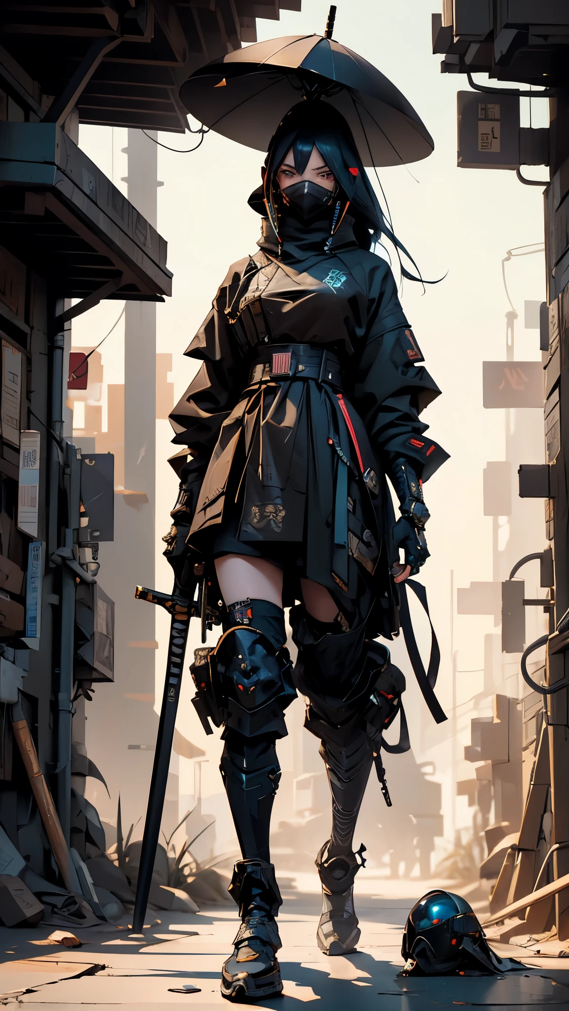 A Man walk .nomadic robot, in the desert, walking street ,wearing a messy shawl, holding a staff, wearing a large metal hat, rough, rusty, dusty body, thin frame, tall, cyberpunk, Cyborg., Surreal version of a woman holding a sword in her hand, very beautiful cyberpunk samurai, anime cyberpunk art, cyberpunk samurai, cyberpunk anime art, cyberpunk anime, cgsociety 9, technical cyberpunk anime art number, maciej's style kuciara.1boy,samurai armor, demon mask helmet, intricate decorations, details, cool colors, metallic, Egyptian details, extremely intricate details, sleek realistic lighting , trends in cgs society, glowing eyes, facing camera, neon details, surreal details, full body portraits, Japanese atmosphere, global illumination, shadows, octane rendering, 8k, super sharp. great ta.fix body
