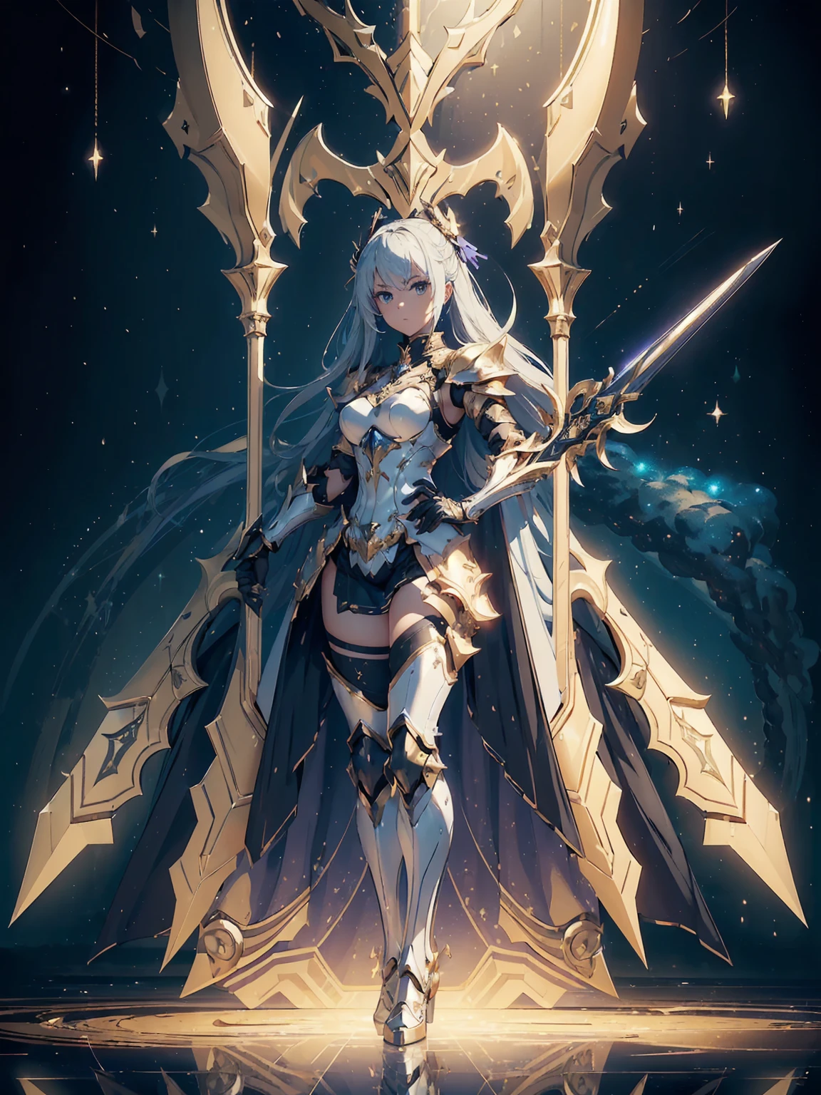(((masterpiece, best quality, high detailed, 8k))) Design a layout showcase Gaming character, (1girl). Gold+White armor, stylish and unique. ((showcase weapon:1.4)), celestial bow. (masterpiece:1.2), (best quality), 4k, ultra-detailed. (Step by step design, layout art:1.5), (luminous lighting, atmospheric lighting). celestial archer, ((glove full hands)), (((revealing armor:1.3))), vambraces, armored legwear, (((full_body_shot:1.4))). {In a starry sky}.