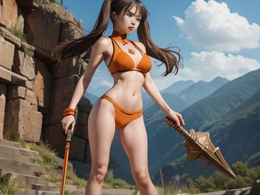 18 year old girl with a slender body, extra large and heavy breasts, thin waist and wide hips, big and shapely legs, long brown hair, twintails,  purple eyes, beautiful and detailed face, full-body-shot en hd , high resolution, random landscapes, giant.  gauntlet, war hammer,(( Diane sds,  sdsdiane)), orange bikini slingshot tiny sexy high heels 