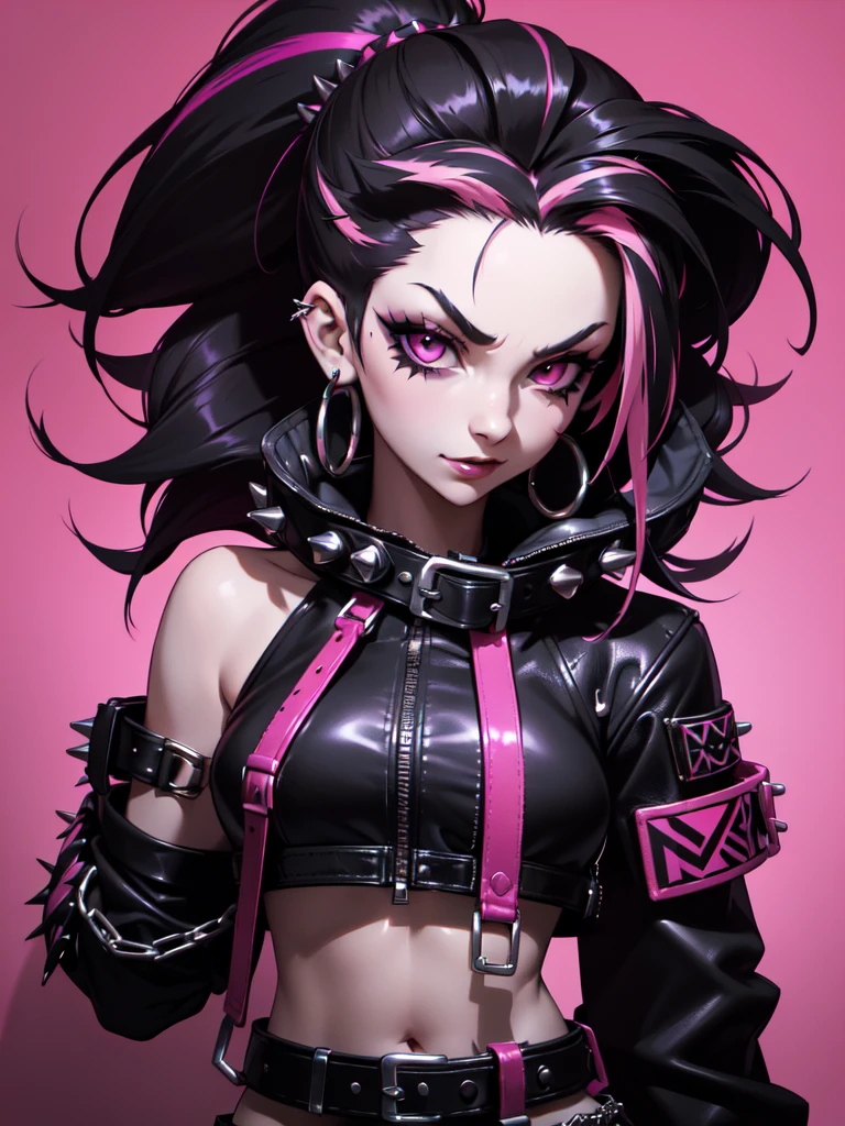 (((Portrait Photo))), She has the Appearance of Bold and Edgy Girl, with a Slim, Fashionable Build that Radiates Confidence. Her Long, Straight Black Hair is Accentuated by Vibrant Pink Streaks, Tied in a Spiky Short Ponytail, Adding a Striking and Rebellious Flair to Her Look. Her Dark Eyes are Intense and Expressive, Filled with a Sense of Mischief and Determination, Giving Her a Fierce and Charismatic Aura. Her Expression is Playful and Defiant, with a Smug, Confident Smile that Conveys a Sense of Boldness and Independence. (((High Quality, Dark Background))), (((Portrait Photo))), (((Punk-Inspired Outfit))), (((Leather Jacket, Crop Top, Punk Skirt))), (((Adorned by Chains and Harnesses))), (((Streaked Hair))), (((Black Hair))), (((Pink Streaks)))