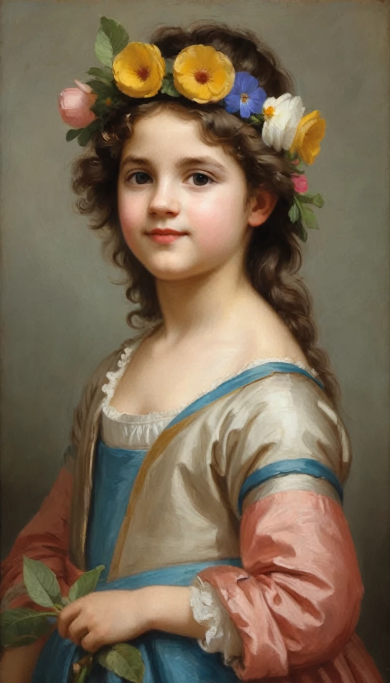 [Julie] a painting of a young girl with a flower crown on her head, by Élisabeth Vigée Le Brun, by Adélaïde Labille-Guiard, by Charles Le Brun, portrait of a young girl, portrait of a young empress, inspired by Adélaïde Labille-Guiard, portrait young girl