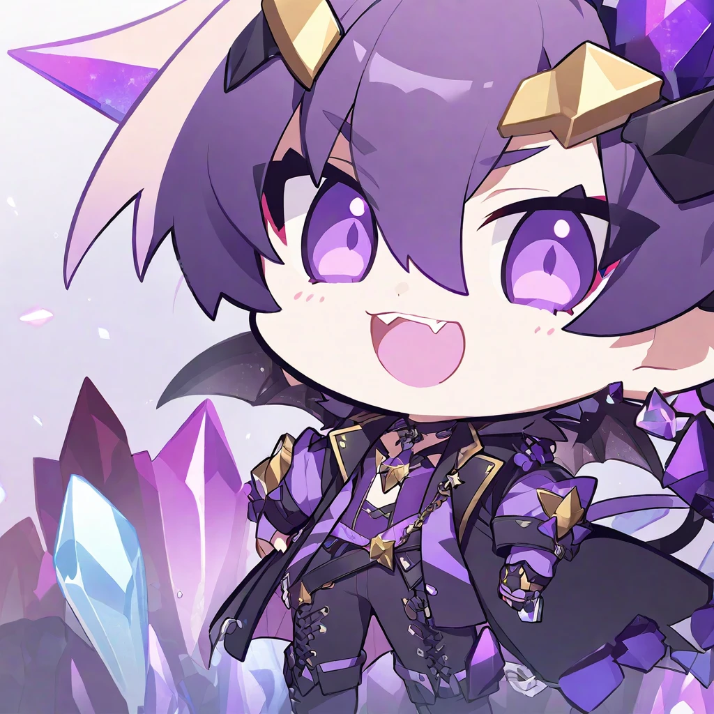 chibi character. Boy. Demon of fame. Crystals. Purple colours 