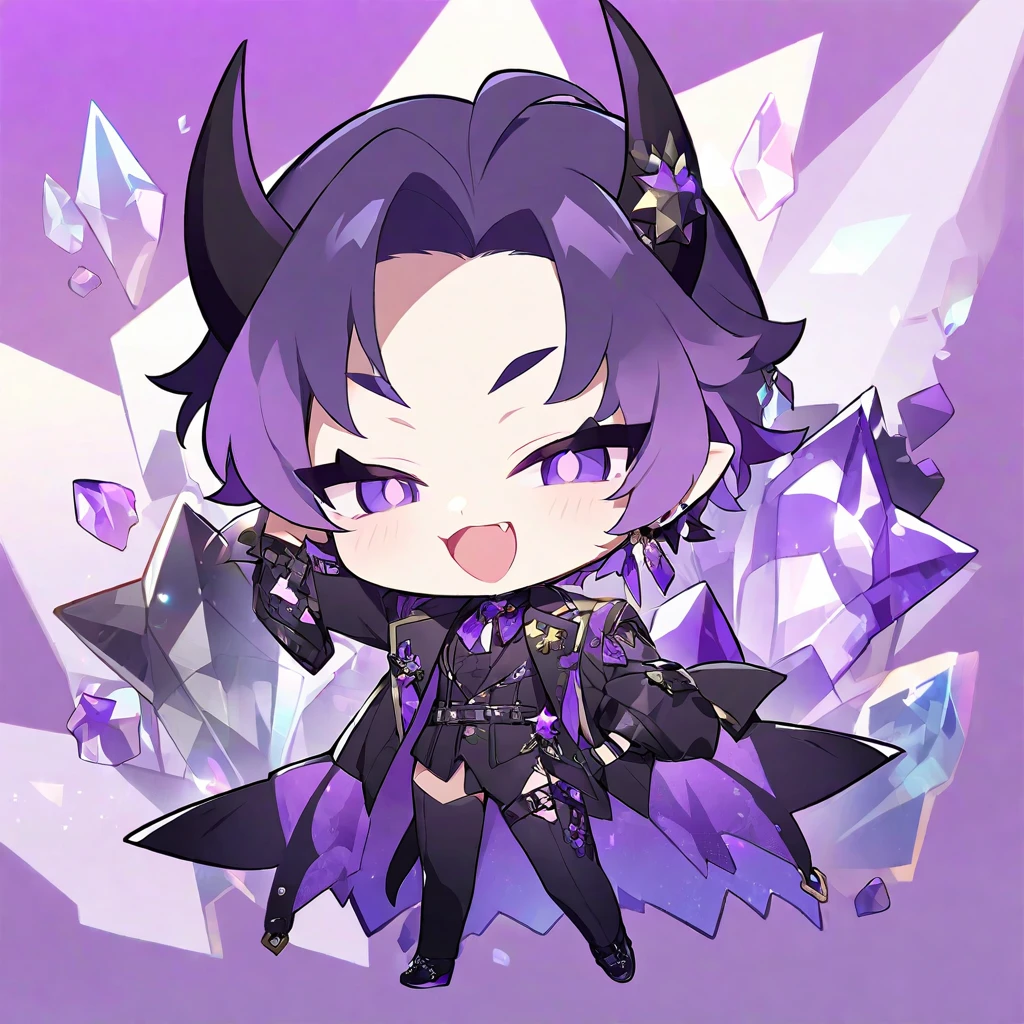 chibi character. Boy. Demon of fame. Crystals. Purple colours 