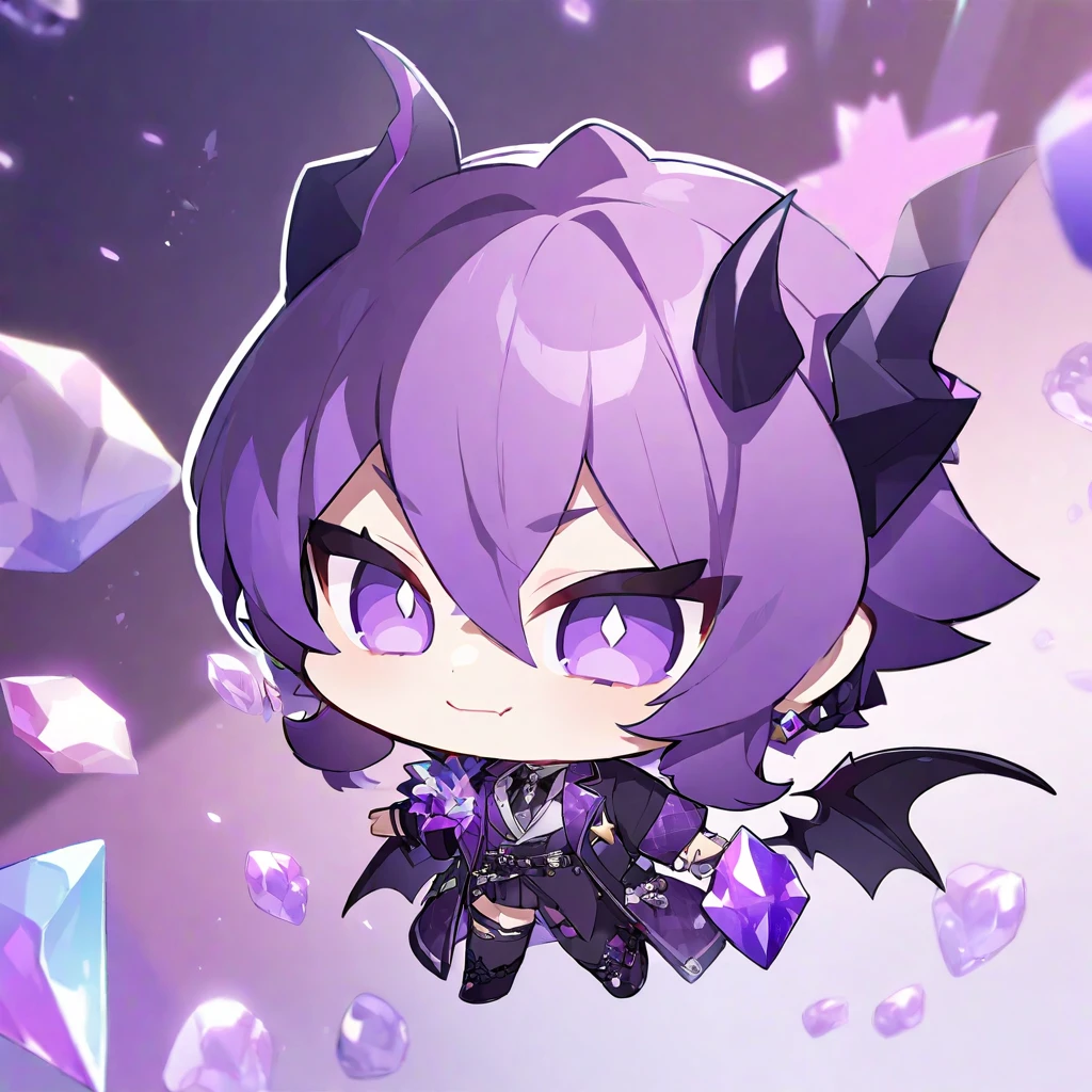 chibi character. Boy. Demon of fame. Crystals. Purple colours 