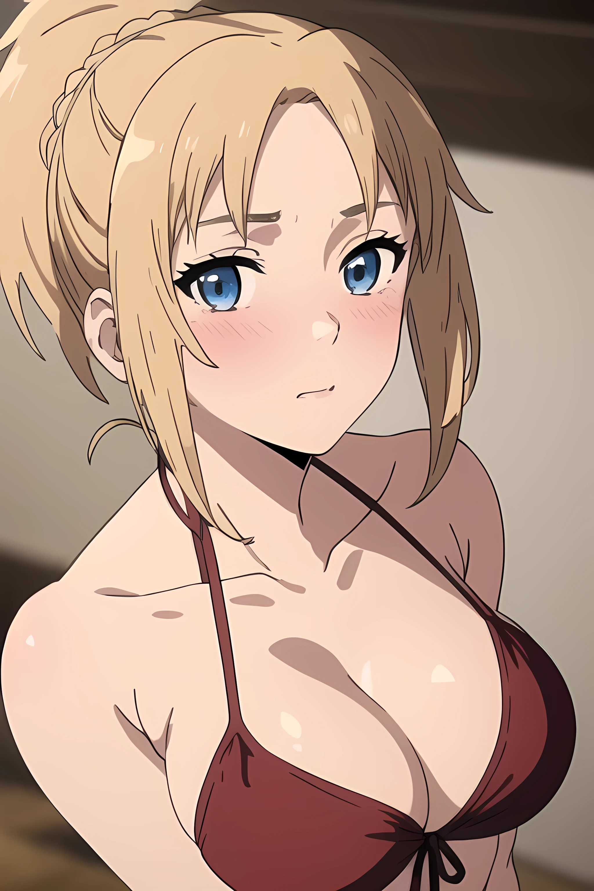 (masterpiece:1.2, best quality), (finely detailed beautiful eyes: 1.2), (extremely detailed CG unity 8k wallpaper, masterpiece, best quality, ultra-detailed), (masterpiece, best quality:1.2), 1girl, female solo, big breasts, rounded breasts, shining breasts, perfect eyes, perfect face, perfect body, seductive,, looking at viewer, cleavage, ponytail, long hair, blonde hair, blue eyes, seductive, red bikini, blush on face, blush, on her knees, standing, close pov, close shot