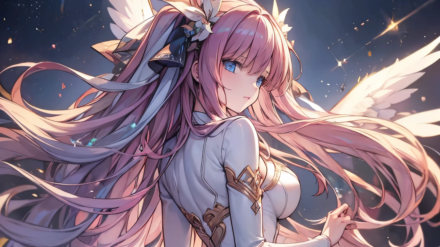 ((((masterpiece)))), best quality, very_high_resolution, large_filesize, full color, 1Girl, Large white wings growing from its back, Beautiful figure and expression like an angel, cool look, Bronze longhair, two tone color, Blue eyes, There are countless shining stars in the background, creating a beautiful universe space.,(universe),(star)