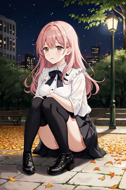 A woman with medium wavy pink hair and dark brown eyes, medium breasts. She has a confused but happy expression. She is wearing a black skirt, black tights, a white button-down shirt, and black boots. The scene takes place at night, in an urban park lit by streetlights. The woman is looking down, focusing on the floor where she is. There are some fallen leaves on the ground and a park bench in the background, she is crouched, looking at the ground, view from below, panties showing, partially lit.