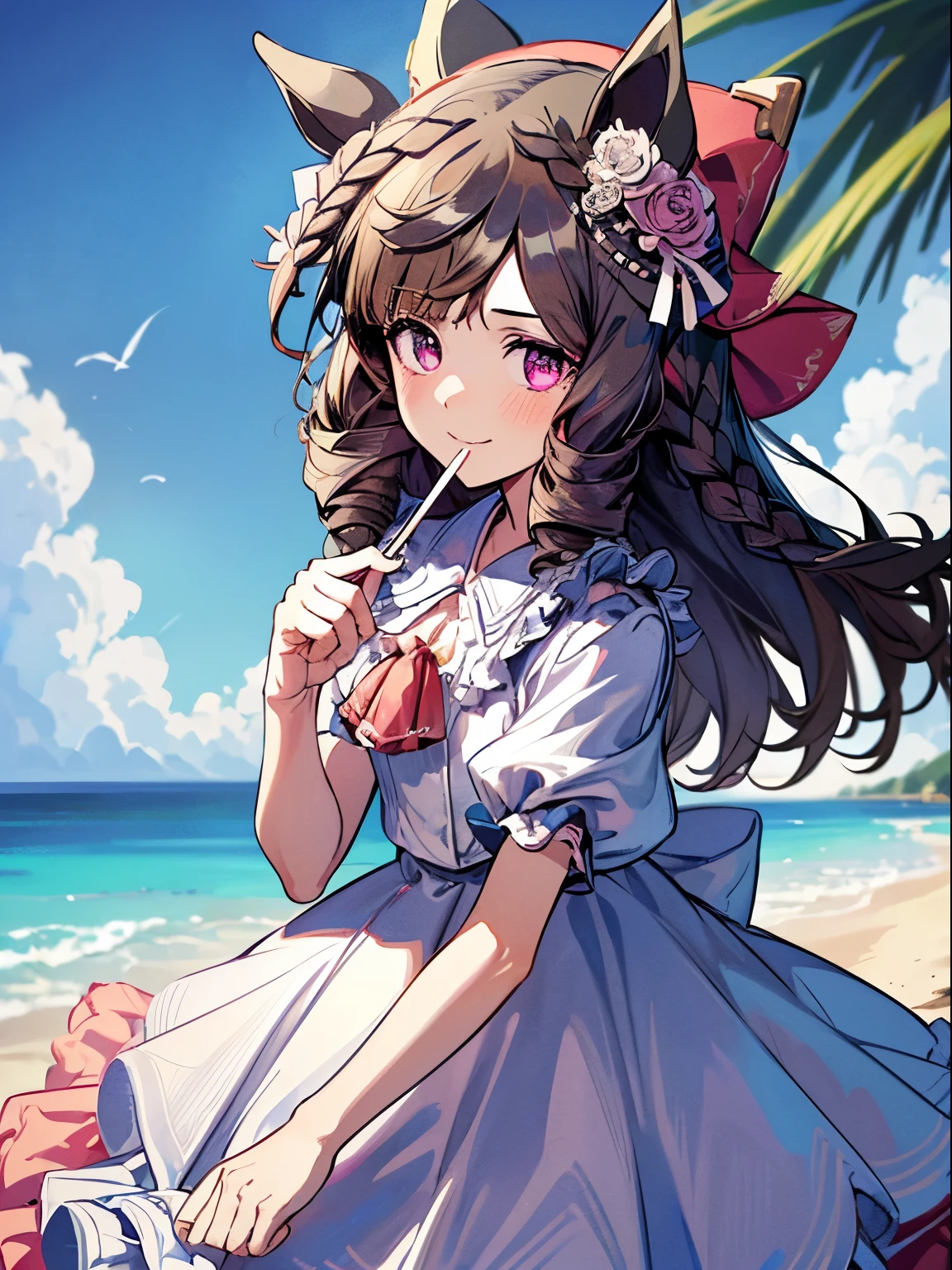 1 girl, Solo, Cute Girl,Best Quality, Ultra-detailed, 8K, High resolution, detailed face, madeon, horse ears, (((white dress, frilled dress, short sleeves))), wearing a straw hat, walking on the beach, smile, have fun, ;d,