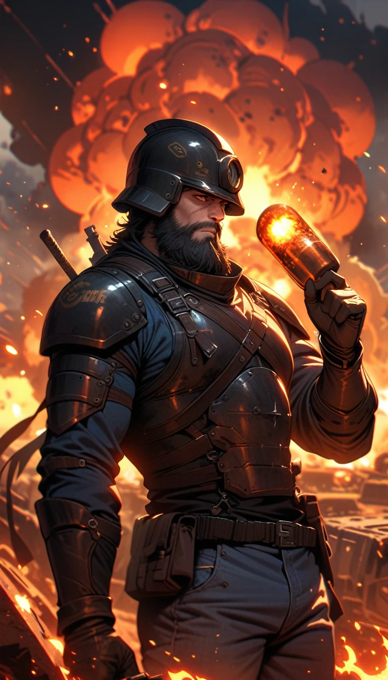 ((best quality)) , ((masterpiece)) , (detailed)，1boy, male focus, solo, shirt, helmet, pants, denim, armor, facial hair, blue pants, gloves, beard, jeans, holding,beautiful detailed glow,((flames of war)),(((nuclear explosion behide)))