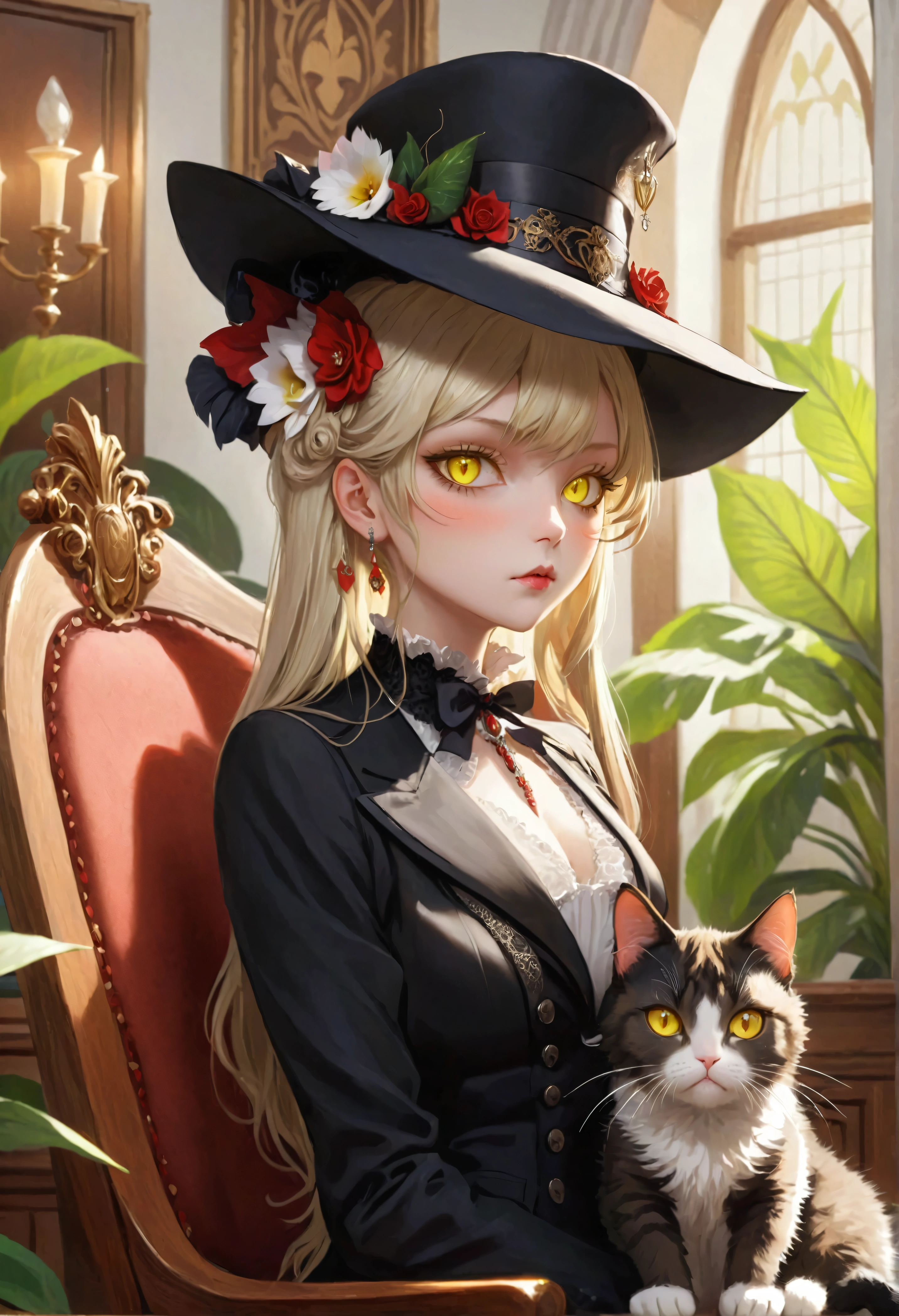 (Stunning extravagant) vampire lawyer (sitting in court), (holding calico cat), (strict lawyer attire with rich embellishments:1.1), (whimsical hat), extremely long hair, sparkling yellow eyes, (exotic rich court interior:1.2), plants, bright colors, masterpiece in maximum 16K resolution, best quality, ultra detailed, aesthetics, absurdes.
