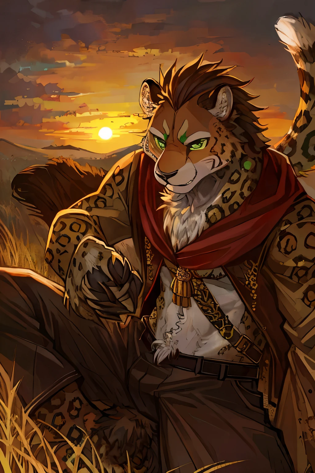 Vunyo, leopard, golden fur with black spots, young adult, mesmerizing green eyes, unruly mane, short, intricate tattoos, safari attire, rough terrain, sunset, detail, depth of fields, (masterpiece: 1.3), (anatomy correct: 1.1), (high quality: 1.5), ((solo male anthropomorphic))
Vunyo the Leopard, Leapord Man, Golden fur with black spots, captivating green eyes, (Mandrill-like nose), Sharp claws, Black spotted feet, (Detailed leopard feet: 1.2), Red beans,