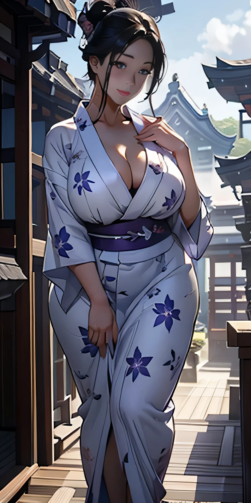 realistically、Full body contact looking up from below the ground、rear view、My thighs are also getting a little thicker、25 year old girl with accentuated thighs、Wearing a purple yukata、Breast augmentation and emphasis on cleavage、Versatile sensual poses、smile face、Japanese hot spring town Inakamachi、Emphasis on shading the chest contour