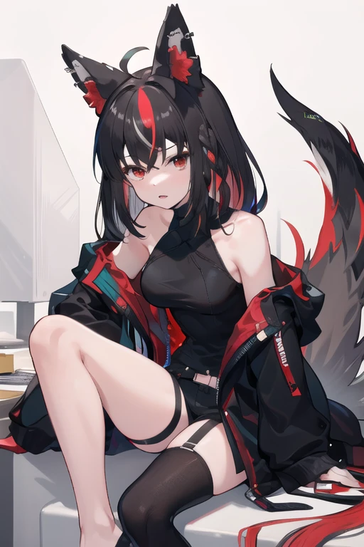 masterpiece, Highest quality, High resolution, wonderful, low-tied long hair, Black Hair, Red eyes, clavicle, black jacket, fox ear, fox tail, Red ear hair, multicolored hair, multicolored tail, red streaks, Red and black tail,