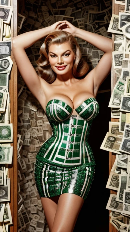 Anita Ekberg dressed in clothes made of banknotes and smiling