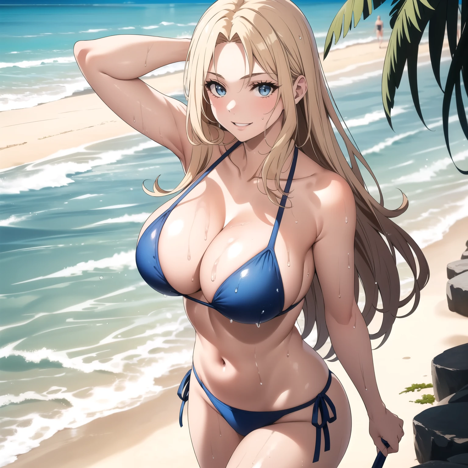 Row. 20 year old woman, long blonde hair, light blue eyes, happy smile, clear skin, big breasts, detailed skin, blue bikini , wet body, drops of water on his chest.  He is walking along a tropical beach. perfect hands, hands behind the head.