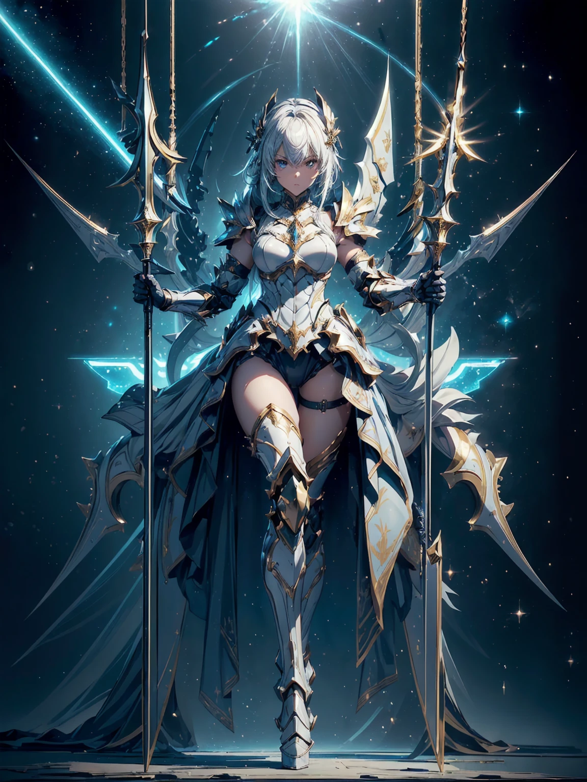 (((masterpiece, best quality, high detailed, 8k))) Design a layout showcase Gaming character, (1girl). Gold+White armor, stylish and unique. ((showcase weapon:1.4)), celestial bow. (masterpiece:1.2), (best quality), 4k, ultra-detailed. (Step by step design, layout art:1.5), (luminous lighting, atmospheric lighting). celestial archer, ((glove full hands)), (((revealing armor:1.3))), vambraces, armored legwear, (((full_body_shot:1.4))). {In a starry sky}.