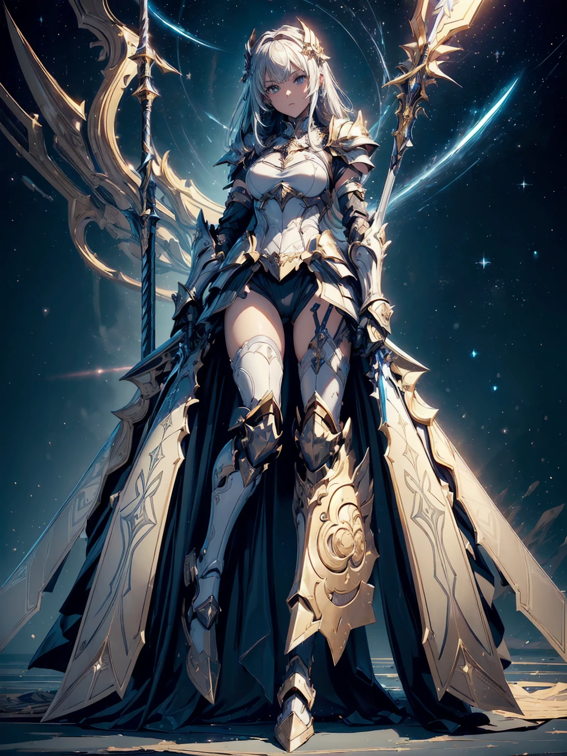 (((masterpiece, best quality, high detailed, 8k))) Design a layout showcase Gaming character, (1girl). Gold+White armor, stylish and unique. ((showcase weapon:1.4)), celestial bow. (masterpiece:1.2), (best quality), 4k, ultra-detailed. (Step by step design, layout art:1.5), (luminous lighting, atmospheric lighting). celestial archer, ((glove full hands)), (((revealing armor:1.3))), vambraces, armored legwear, (((full_body_shot:1.4))). {In a starry sky}.