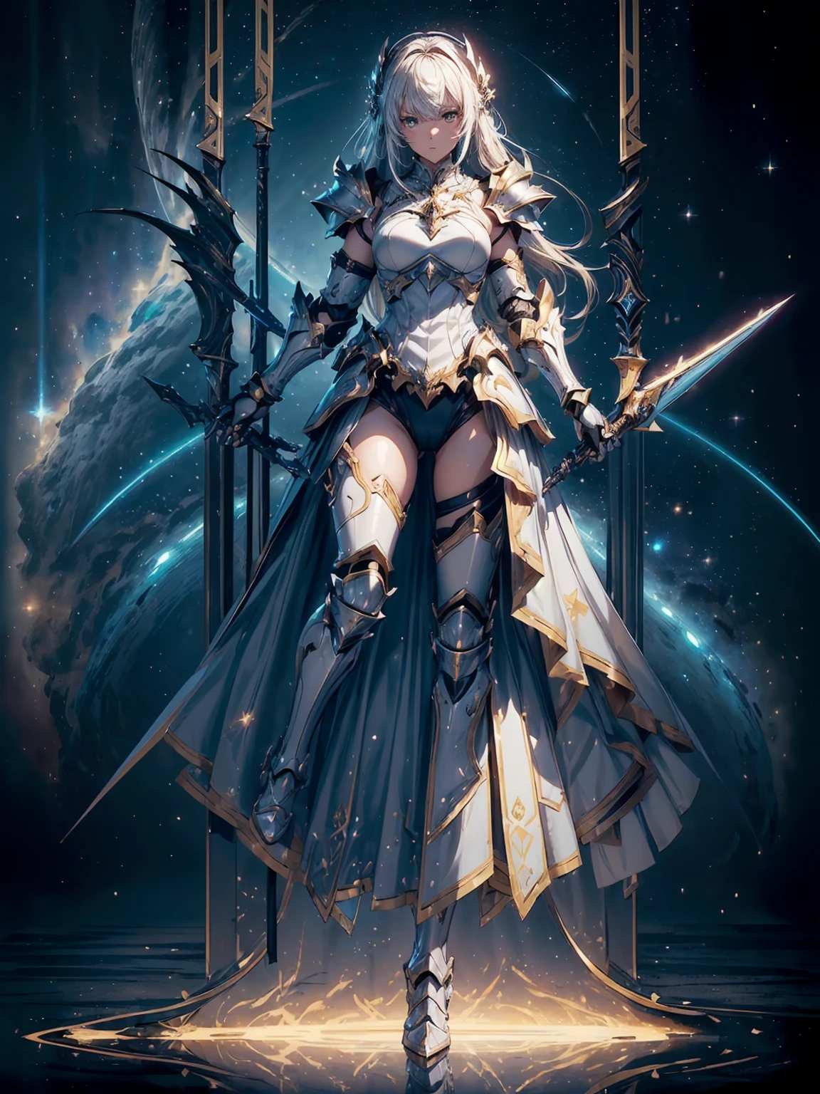 (((masterpiece, best quality, high detailed, 8k))) Design a layout showcase Gaming character, (1girl). Gold+White armor, stylish and unique. ((showcase weapon:1.4)), celestial bow. (masterpiece:1.2), (best quality), 4k, ultra-detailed. (Step by step design, layout art:1.5), (luminous lighting, atmospheric lighting). celestial archer, ((glove full hands)), (((revealing armor:1.3))), vambraces, armored legwear, (((full_body_shot:1.4))). {In a starry sky}.