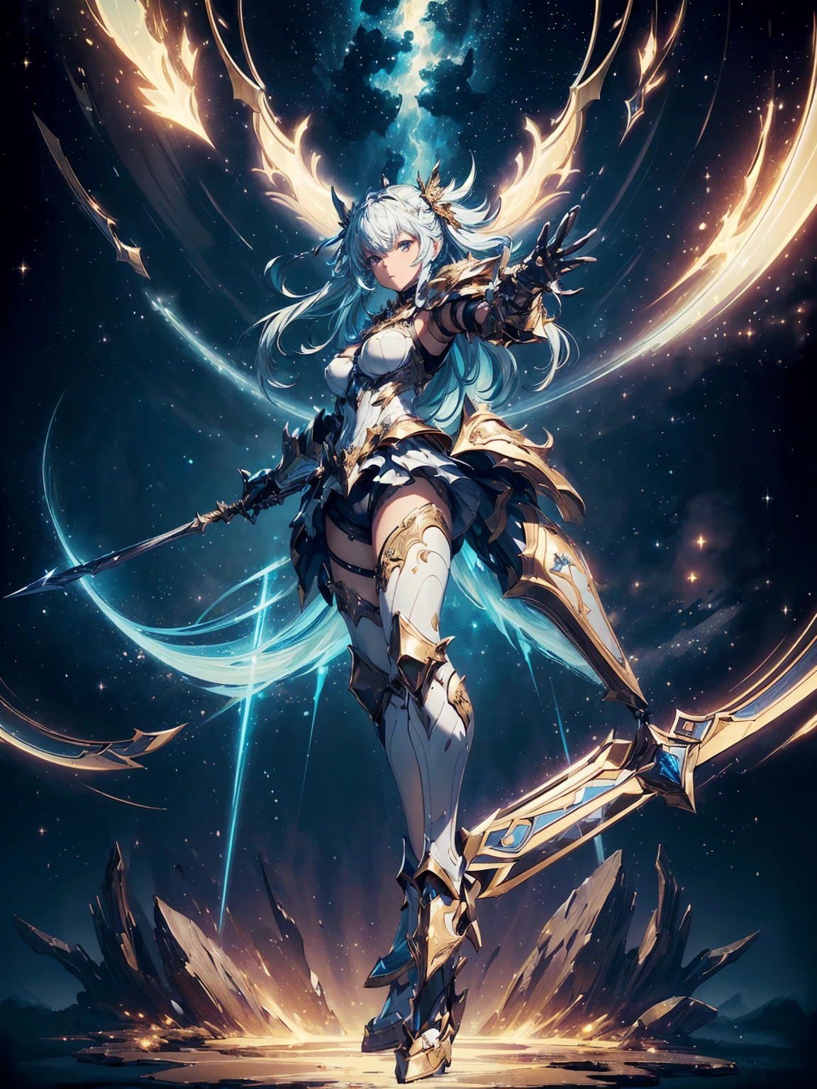 (((masterpiece, best quality, high detailed, 8k))) Design a layout showcase Gaming character, (1girl). Gold+White armor, stylish and unique. ((showcase weapon:1.4)), celestial bow. (masterpiece:1.2), (best quality), 4k, ultra-detailed. (Step by step design, layout art:1.5), (luminous lighting, atmospheric lighting). celestial archer, ((glove full hands)), (((revealing armor:1.3))), vambraces, armored legwear, (((full_body_shot:1.4))). {In a starry sky}.