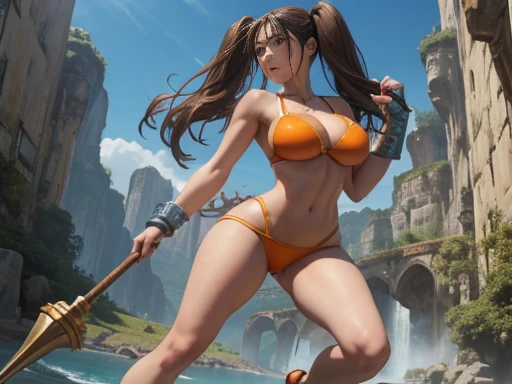 18 year old girl with a slender body, extra large and heavy breasts, thin waist and wide hips, big and shapely legs, long brown hair, twintails,  purple eyes, beautiful and detailed face, full-body-shot en hd , high resolution, random landscapes, giant.  gauntlet, war hammer,(( Diane sds,  sdsdiane)), orange bikini slingshot tiny sexy high heels 