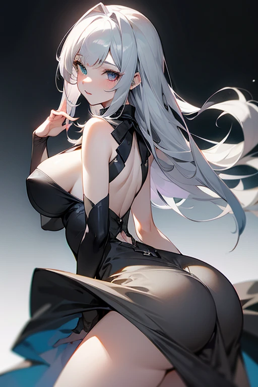 semi , heterochromia, for both eyes and hair. One side of her hair is silver, while the other half is black, giant breasts, huge butt, pale skin, muted gray dress