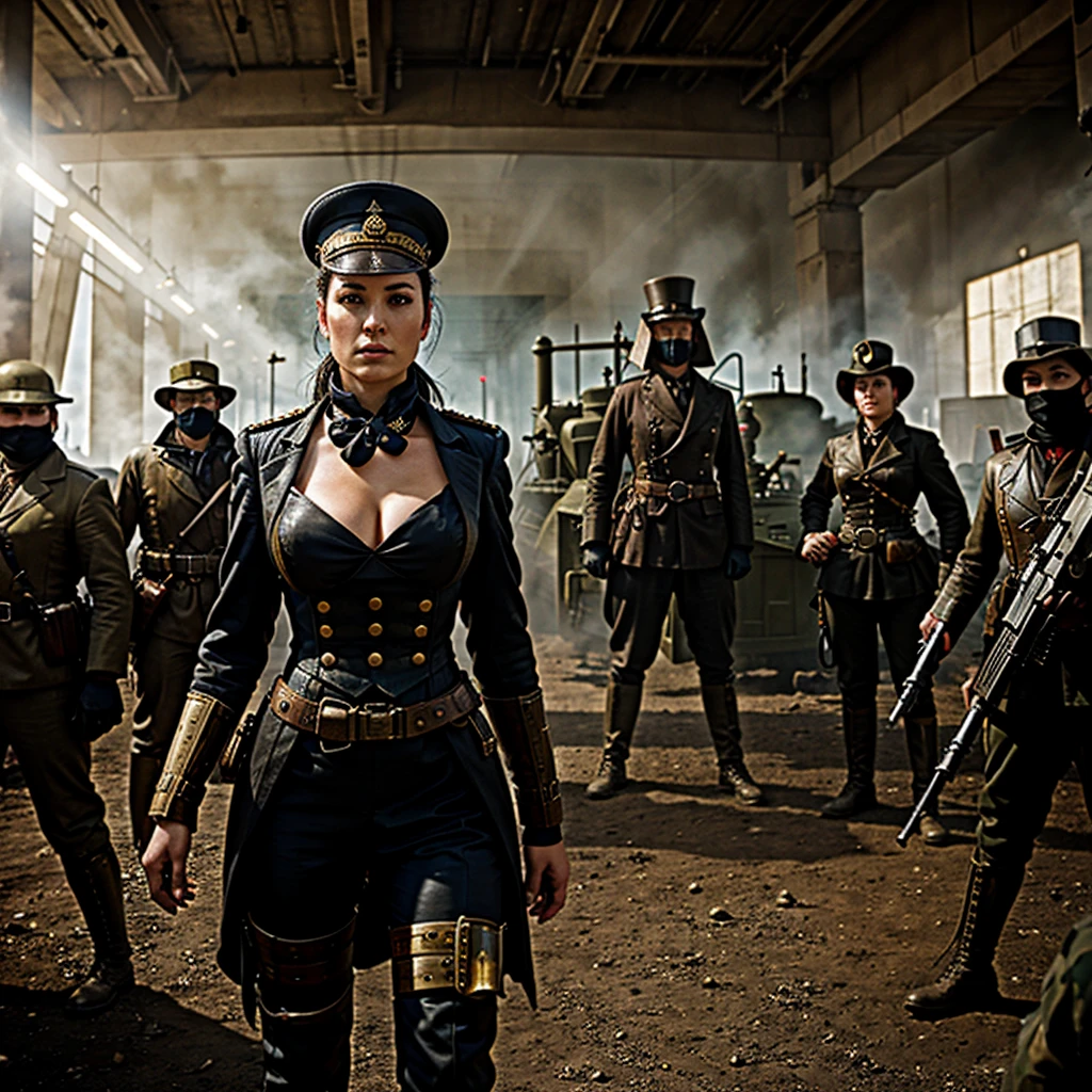 a woman in a steampunk military uniform is ready to fight in a battlefield, surrounded by threatening surreal figures.