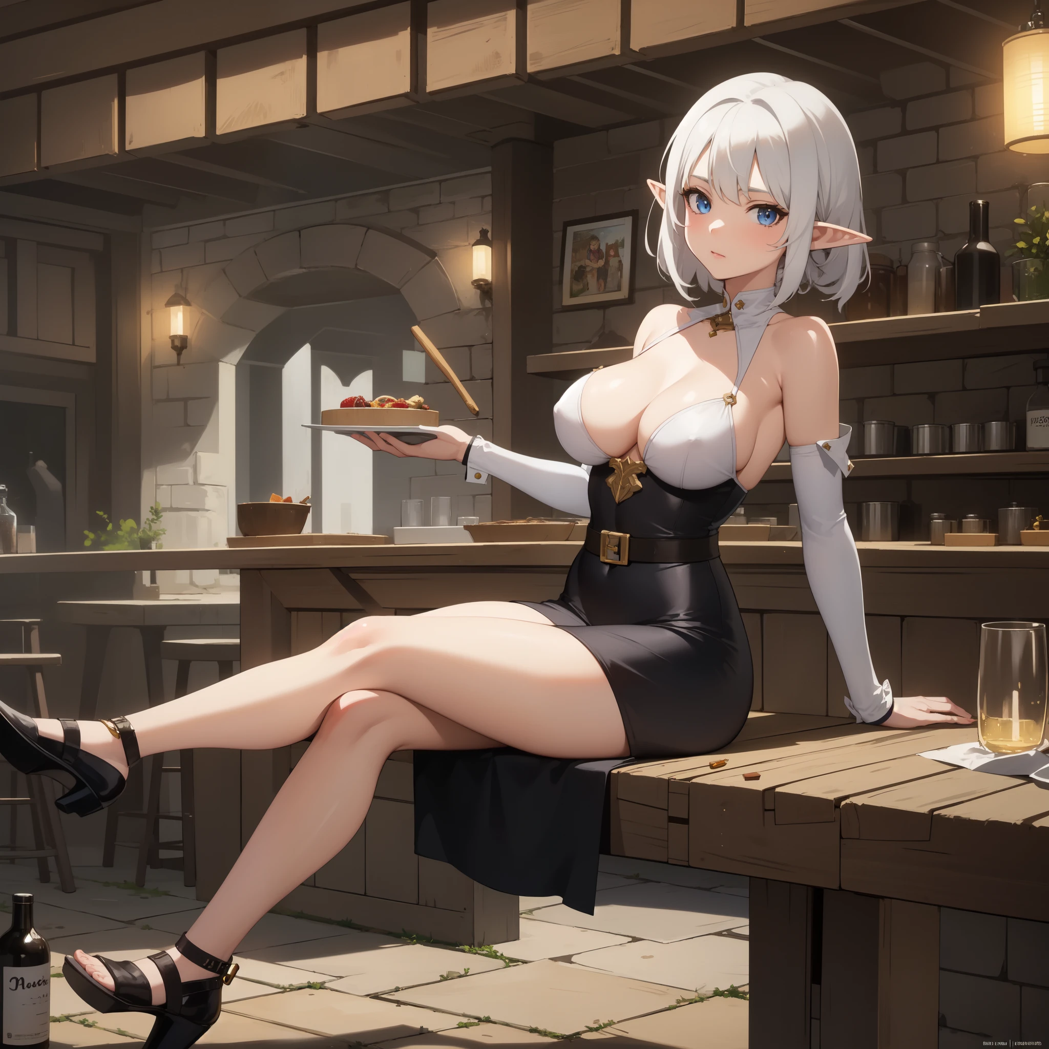 ((Best Quality)), ((masterpiece)), (detailed), 1 white-haired elf race girl,in a medieval tavern resting after a mission,Make it a 2048 x 1152 banner for YouTube similar to the lofi girl banner,with not so revealing clothes
