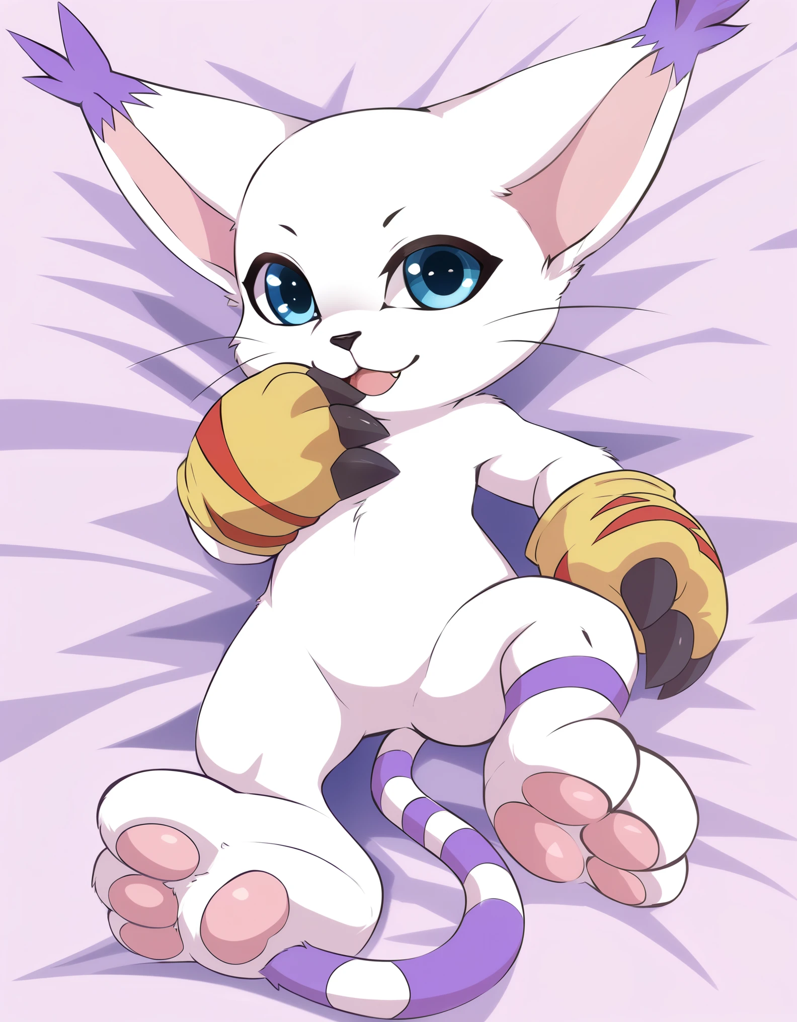 gatomon, feral, (digimon), solo, looking at viewer, blue eyes, white fur, striped tail, gloves, paw gloves, pawpads,,