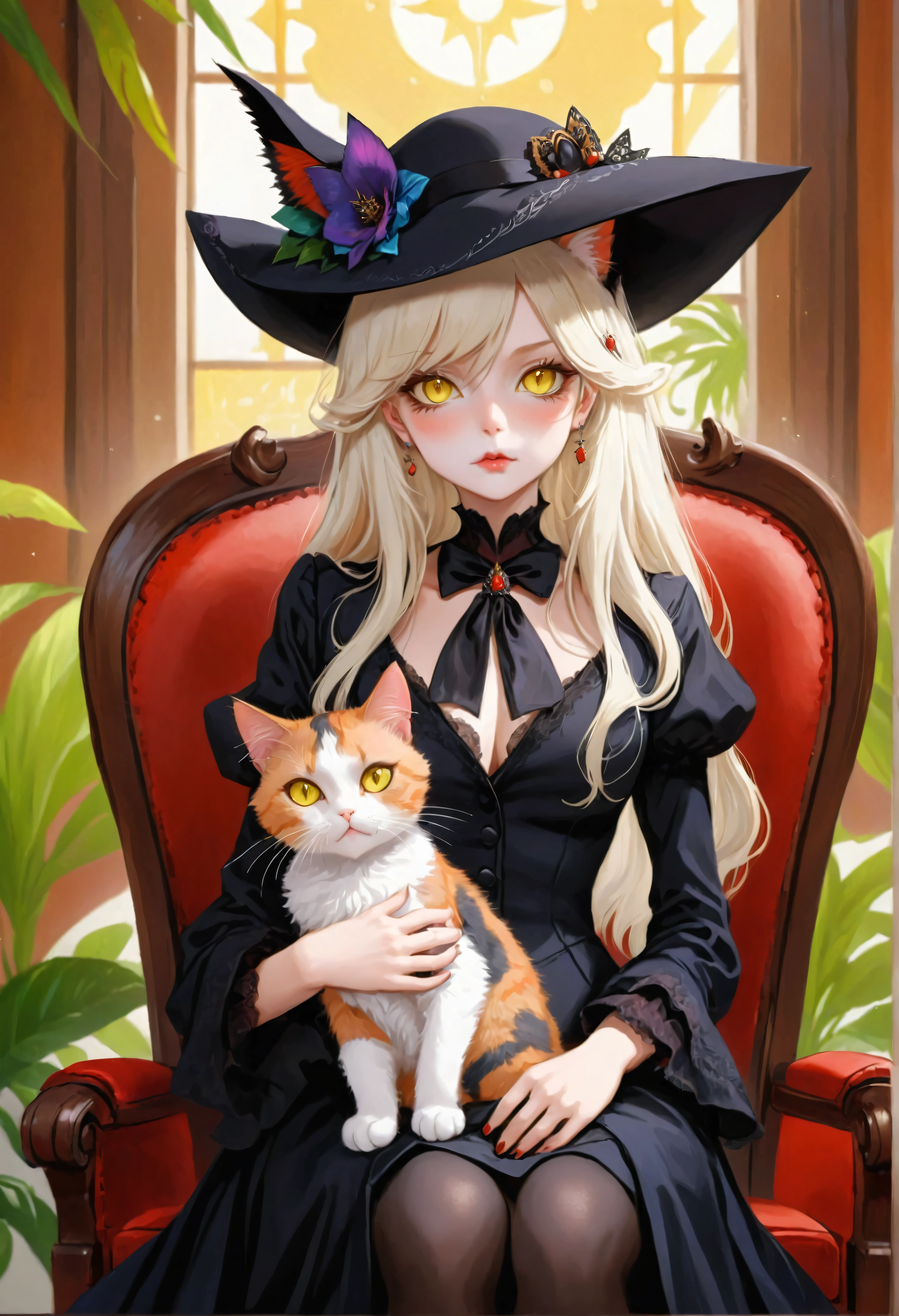 (Stunning extravagant) vampire lawyer (sitting in court), (holding calico cat), (strict lawyer attire with rich embellishments:1.1), (whimsical hat), extremely long hair, sparkling yellow eyes, (exotic rich court interior:1.2), plants, bright colors, masterpiece in maximum 16K resolution, best quality, ultra detailed, aesthetics, absurdes.
