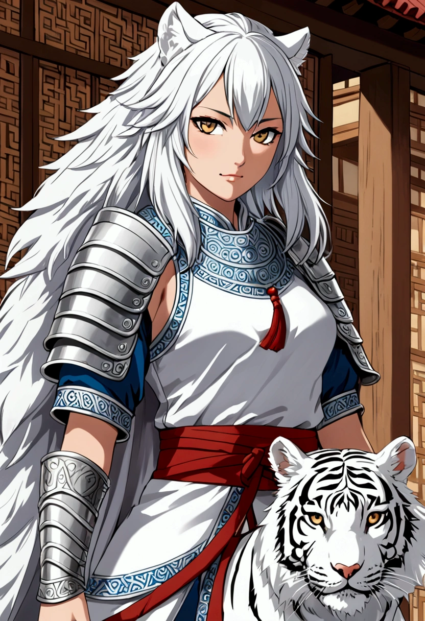 female furro, white wolf with white tiger human features of a 25 year old woman warrior clothing