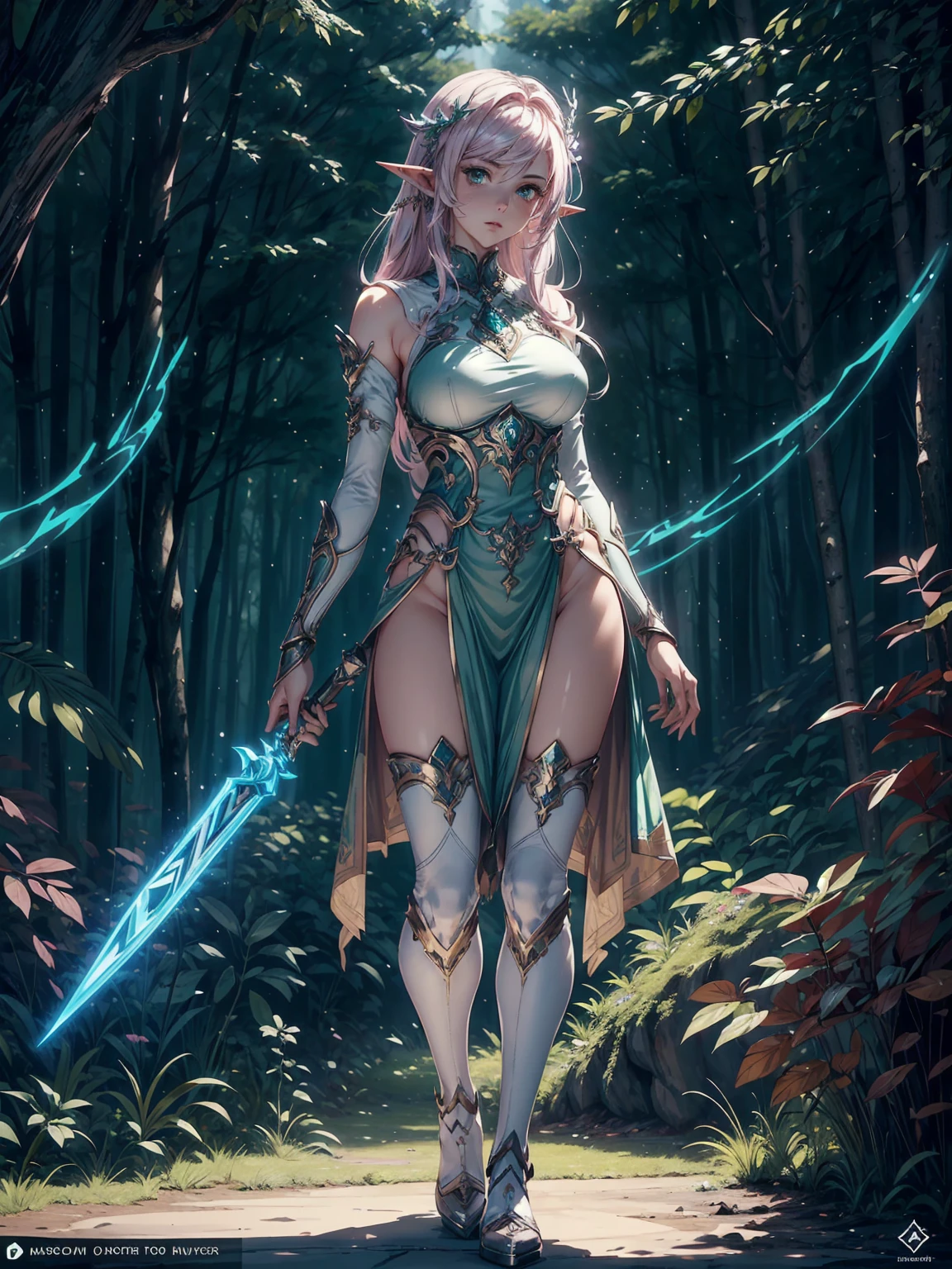 (((Masterpiece, best quality, high detailed, 8k))) Design a layout showcase Gaming character, (1girl). Light pink hair, green eyes, wearing a futuristic armor, wielding an empowering spear. (masterpiece:1.2), (best quality), ultra-detailed. (Step by step design, layout art:1.5), (luminous lighting, atmospheric lighting). Majestic elf in a magnificent forest with beautiful lighting. ((glove full hands)), intricate vambraces, high-tech legwear, (((full_body_shot:1.4))). The elf stands gracefully amidst ancient, towering trees, their leaves shimmering with a magical glow. The futuristic armor, a blend of sleek metal and glowing energy lines, contrasts beautifully with the natural surroundings. Her light pink hair flows softly around her, framing her elegant face with piercing green eyes that radiate wisdom and strength. The empowering spear she holds is adorned with mystical runes and a radiant crystal at its tip, pulsing with an ethereal light. She exudes an aura of power and serenity, perfectly harmonized with the enchanting beauty of the forest around her. Art style inspired by Artgerm, Kawacy, and Wadim Kashin.
