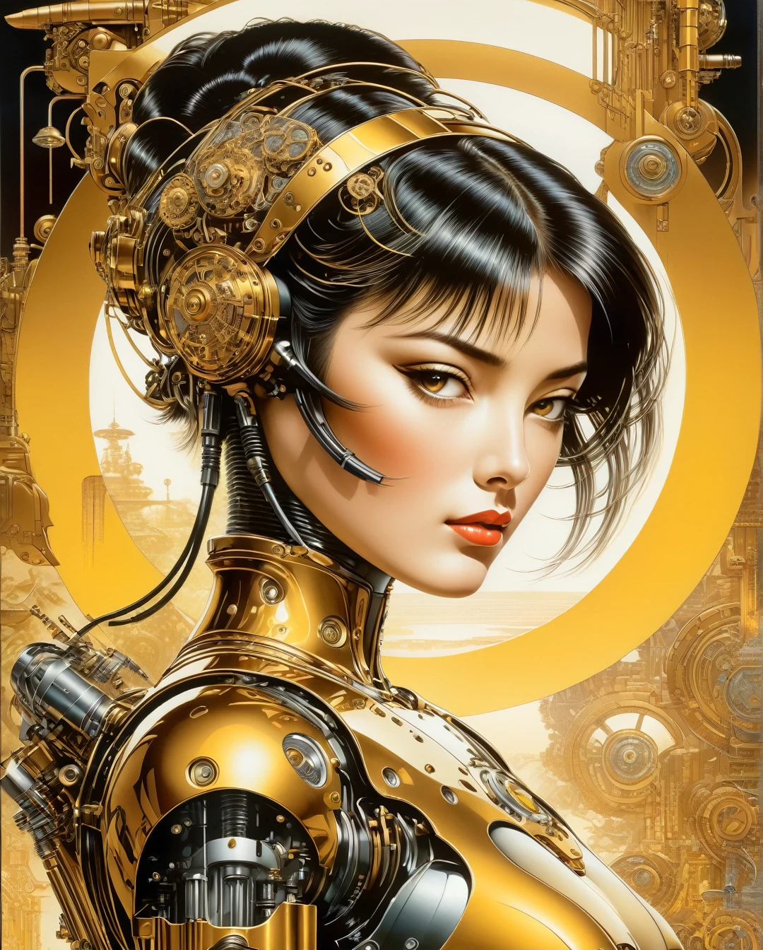 Art style by Noriyoshi Ohrai, Hajime Sorayama, Hiroshi Nagai, (Masterpiece, Top Quality, Super Detail, High Resolution, Best Illustration), Create an exceptional poster art print that embodies the style of futurist mechanical precision and human emotions. The image should be rendered in ultra-high definition (UHD) to capture every intricate detail. Integrate fragmented icons throughout the composition to add layers of meaning and visual interest. Use a light gold and yellow color scheme to create a warm, yet futuristic ambiance. Incorporate scientific diagrams to add an element of intellectual intrigue, and infuse steampunk influences to blend the mechanical with the fantastical. The result should be a visually stunning masterpiece that combines technical precision with deep emotional resonance, creating a poster that is both thought-provoking and aesthetically captivating.
