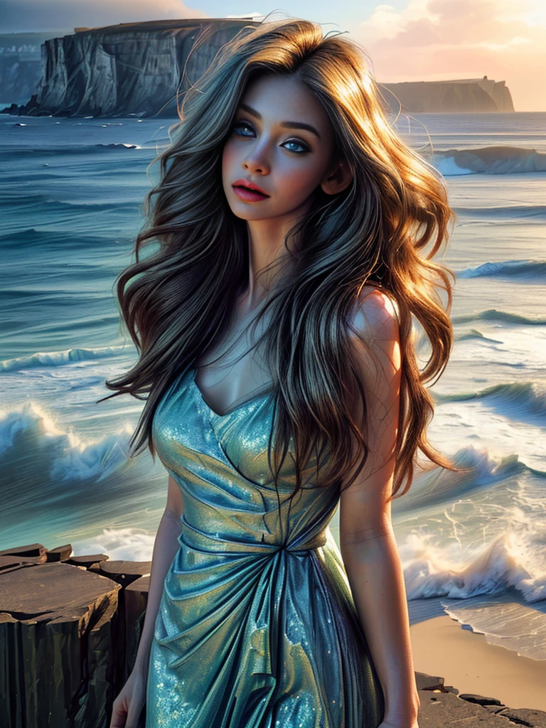 a beautiful young woman, a woman in a green dress with glitter, woman on a cliff at the irish coast, blond hair, blue eyes, stunning landscape, beautiful detailed eyes, beautiful detailed lips, extremely detailed face and skin, longeyelashes, intricate dress details, shiny glitter dress, sunlight on the woman, dramatic cliff scene, ocean waves crashing below, cloudy sky,(best quality,4k,8k,highres,masterpiece:1.2),ultra-detailed,(realistic,photorealistic,photo-realistic:1.37),cinematic lighting,dramatic colors,vibrant,fantasy,digital art,concept art