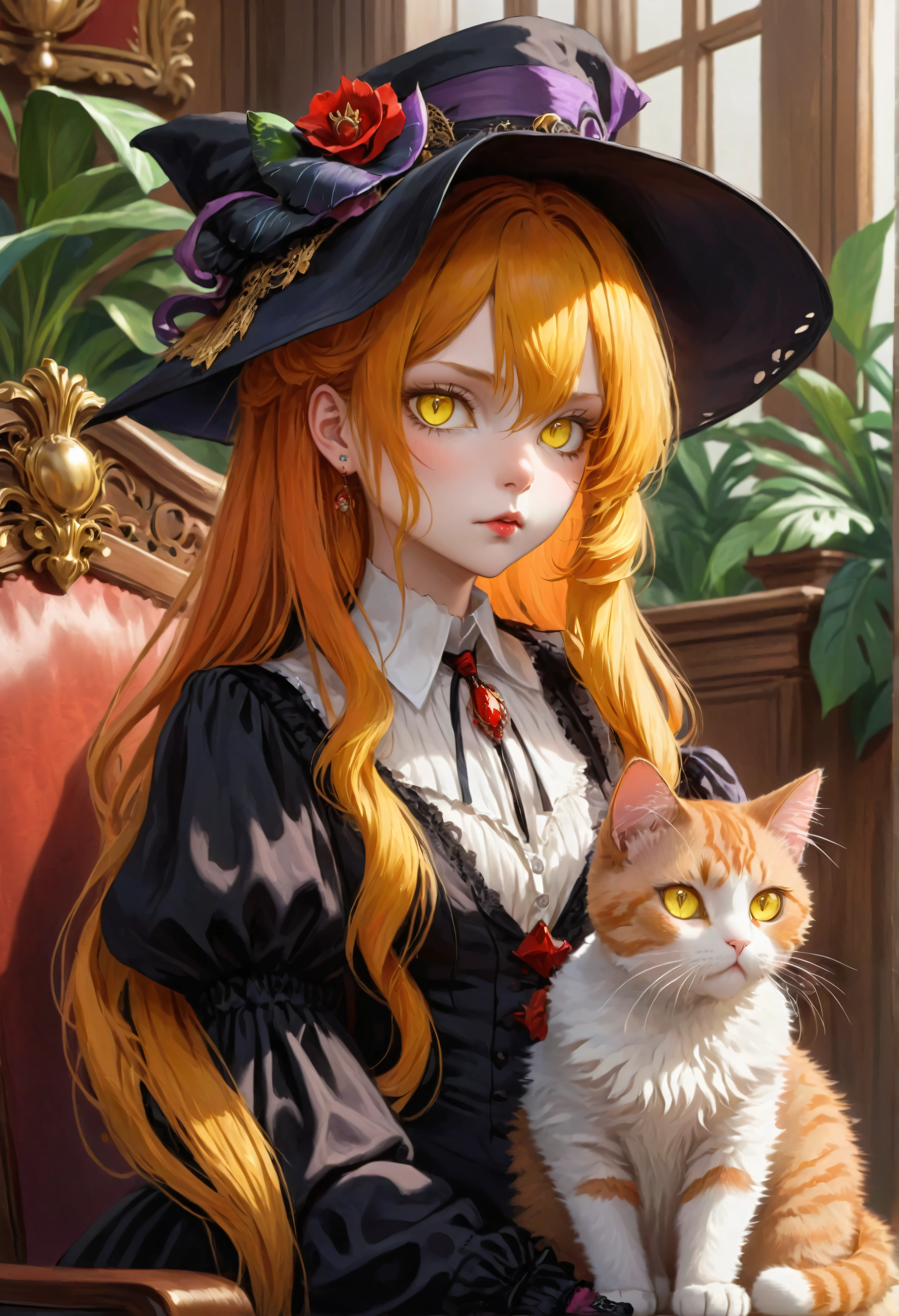 (Stunning extravagant) vampire lawyer (sitting in court), (holding calico cat), (strict lawyer attire with rich embellishments:1.1), (whimsical hat), extremely long hair, sparkling yellow eyes, (exotic rich court interior:1.2), plants, bright colors, masterpiece in maximum 16K resolution, best quality, ultra detailed, aesthetics, absurdes.
