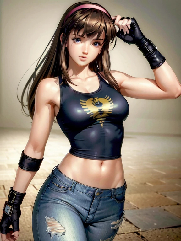 (masterpiece, best quality:1.3)
DOAHitomi, 1girl, solo, long hair, gloves, navel, hairband, midriff, pants, tears, fingerless gloves, dutch angle, tank top, denim, jeans, realistic, retro artstyle, 1980s \(style\)