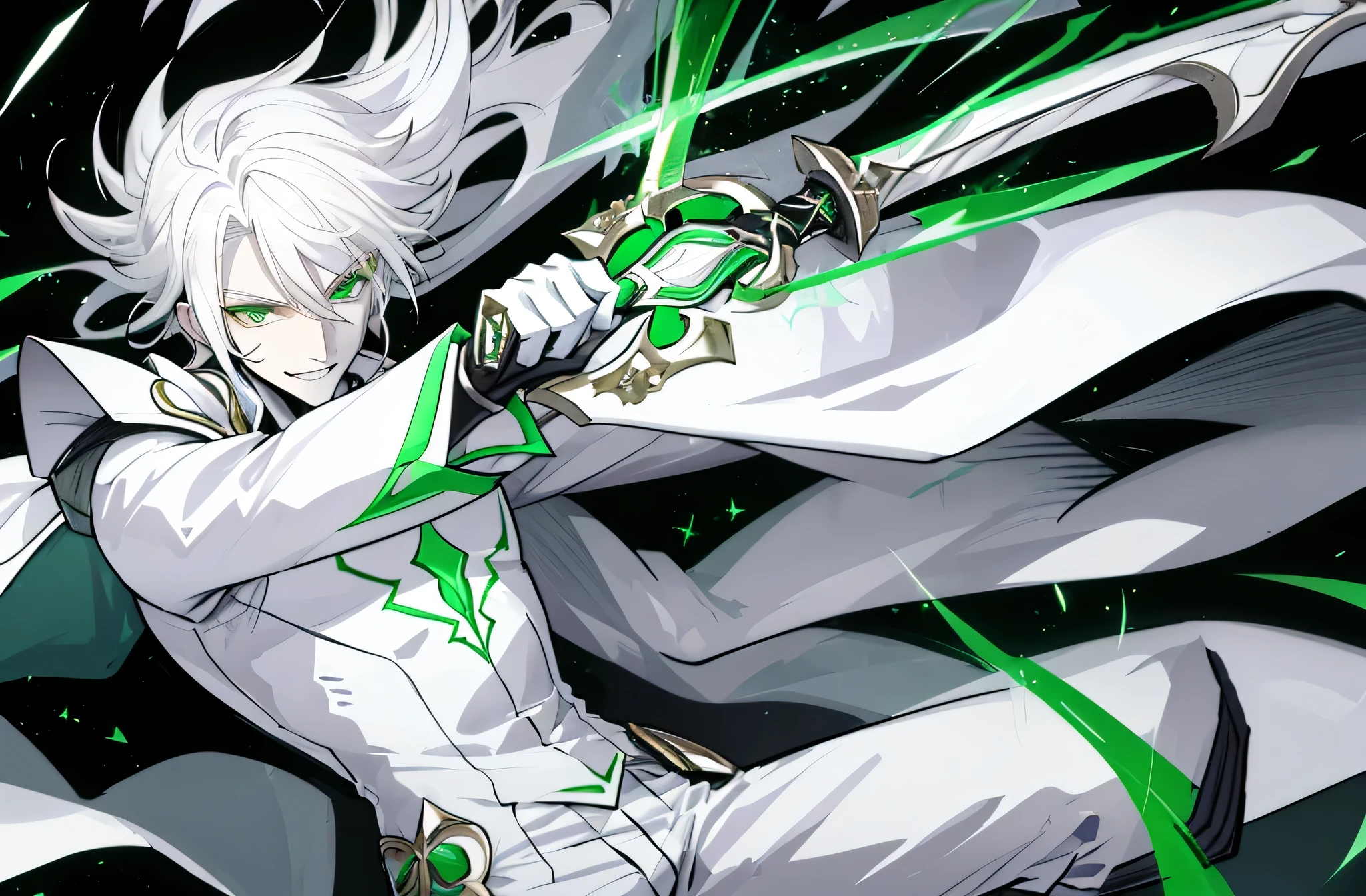 simple Background,Solo Male, White hair, Green Eyes White Suit, White pants, pale skin, Evil smile, slim,ruin city background,long sword in his hand,upper body,dynamic angle,dynamic pose,