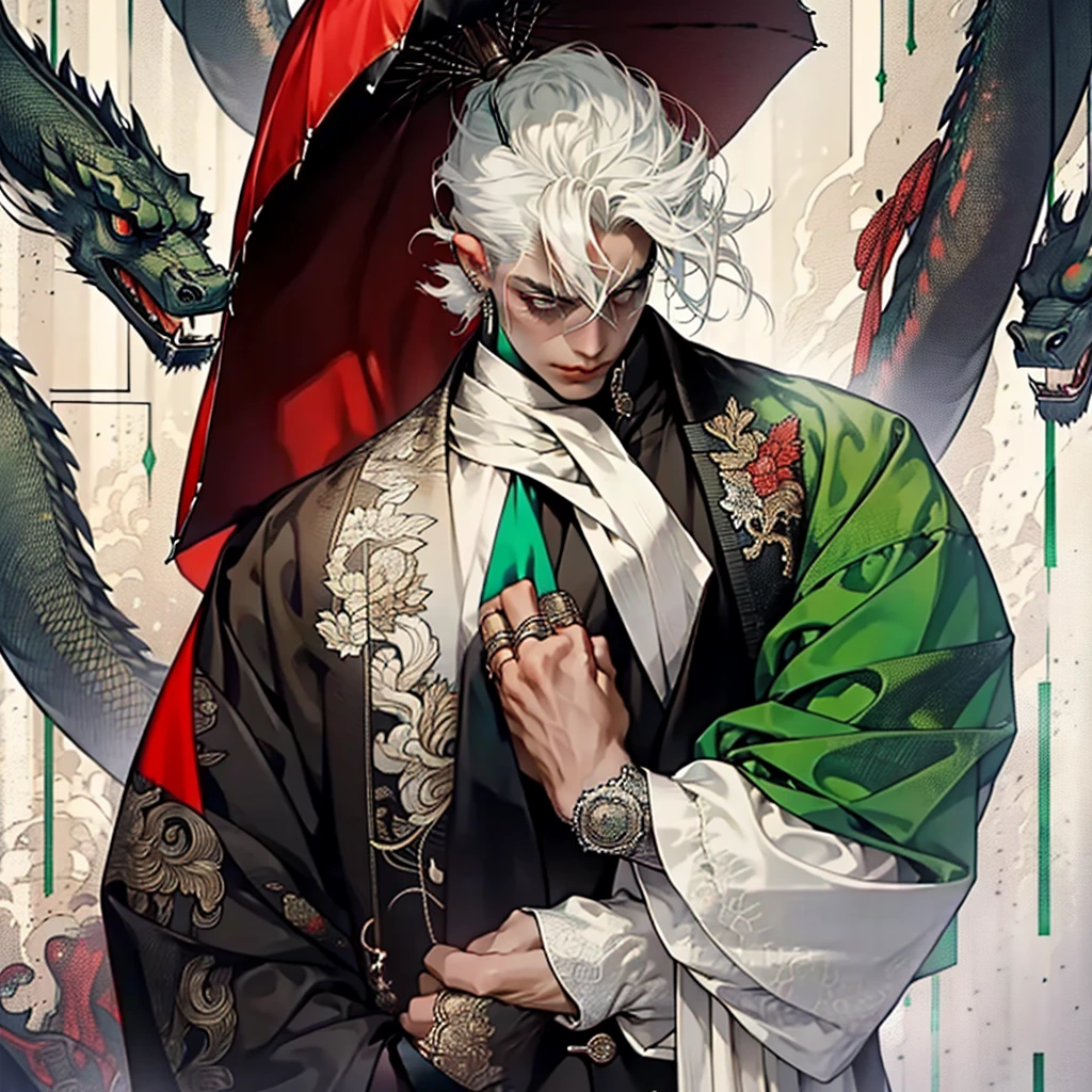 The vampire man has skin as pale as snow and bright green eyes like emeralds.. Your hair is black and short, with an impeccable cut that highlights your aristocratic features. He wears a black velvet cape that flows elegantly and has a dark red lining.. Below the cover, wears formal attire with a brocade vest and high-collared shirt. In one hand, he holds a black umbrella with refined details, that complements your sophisticated look. Your hands are slender and pale, with long fingers and well-groomed nails. An antique ring with an intricately carved signet adorns her ring finger.
