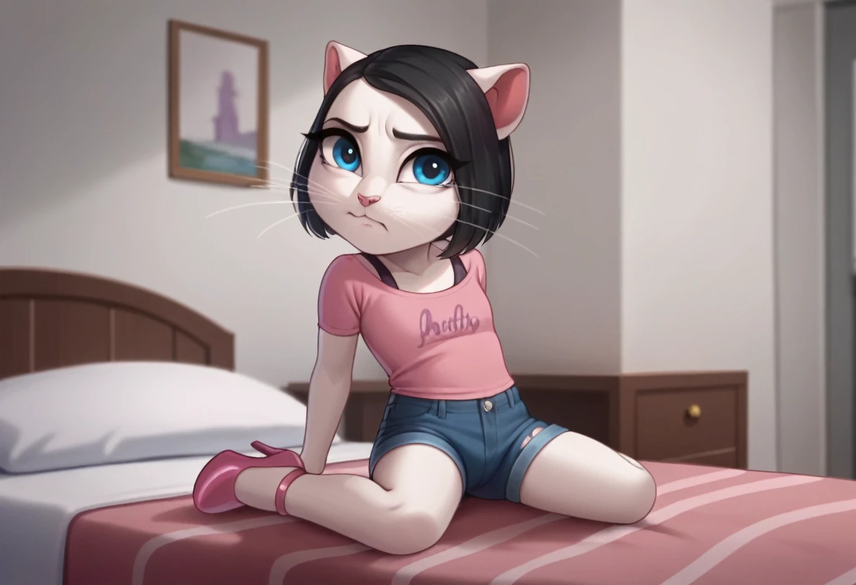 solo focus, a_la, 1girl, cat, white fur, long whiskers on both sides of her face, big bright blue eyes, big black eyelashes, pink nose, black hair, bob cut hair, triangular ears with pink channels, high heels, CUTE MAKEUP, CUTE FACE, The short jeans were ripped all the way down. 1 girl and 1 boy human. background. The man is sitting on the bed. The woman goes under the man, she sits vaginal, she lies, at home, looking back, big penis, rape of 1 man, girl. Score_9, Score_8_up, Score_7_