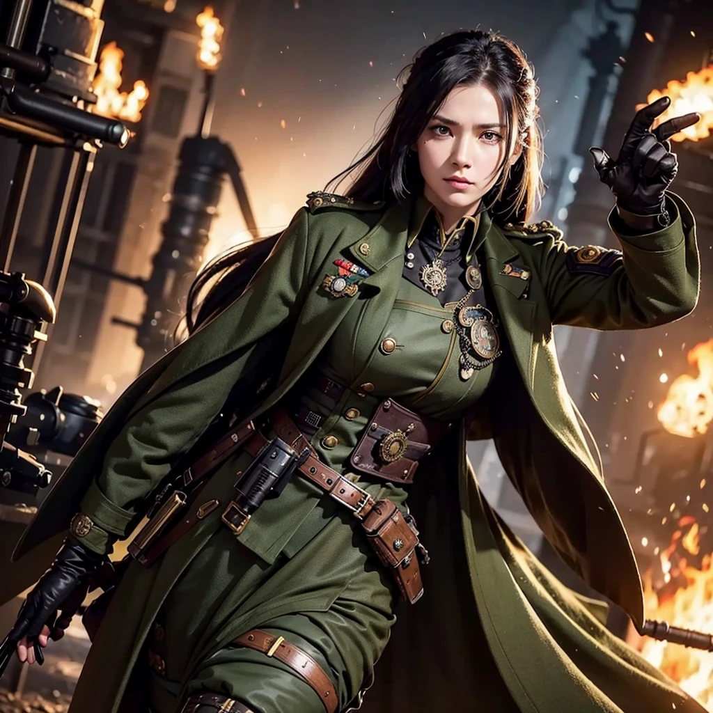 a woman in a steampunk military uniform is ready to fight in a battlefield, surrounded by threatening surreal figures.