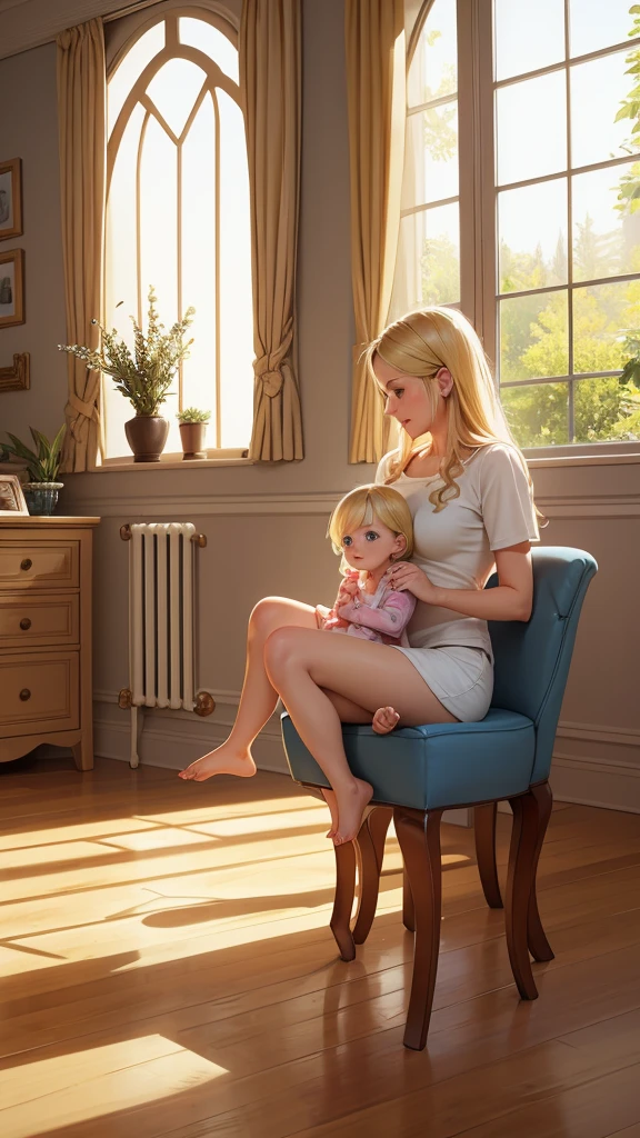 Realistic photo of a young blonde mom in indoor rops playing with her little daughter