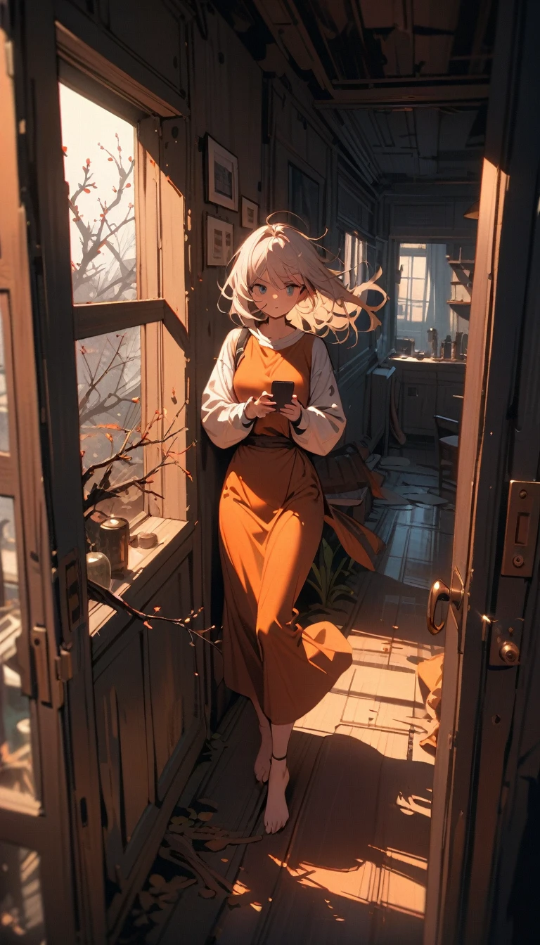((best quality)) , ((masterpiece)) , (detailed),1 female,Knock on the door,Windy,Outside the window,Branches,Glass,Call up,cell phone,((whole body))