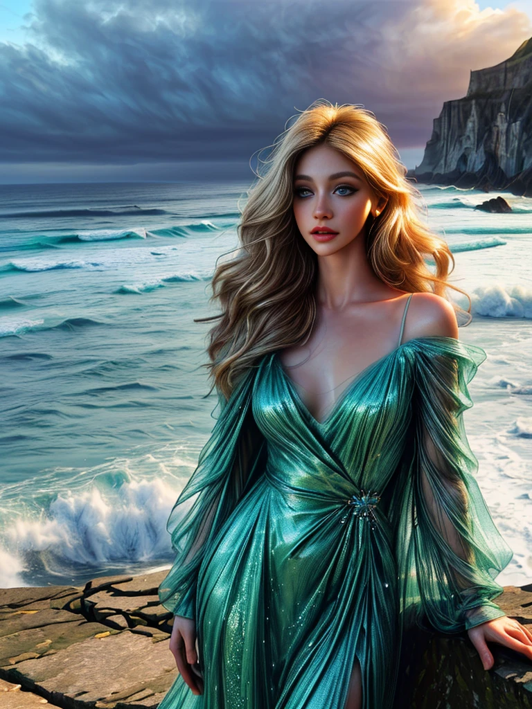 a beautiful young woman, a woman in a green dress with glitter, woman on a cliff at the irish coast, blond hair, blue eyes, stunning landscape, beautiful detailed eyes, beautiful detailed lips, extremely detailed face and skin, longeyelashes, intricate dress details, shiny glitter dress, sunlight on the woman, dramatic cliff scene, ocean waves crashing below, cloudy sky,(best quality,4k,8k,highres,masterpiece:1.2),ultra-detailed,(realistic,photorealistic,photo-realistic:1.37),cinematic lighting,dramatic colors,vibrant,fantasy,digital art,concept art