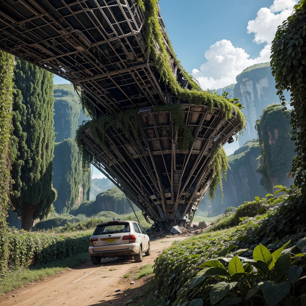 space ship crashed on planet, covered by climbing alien plants