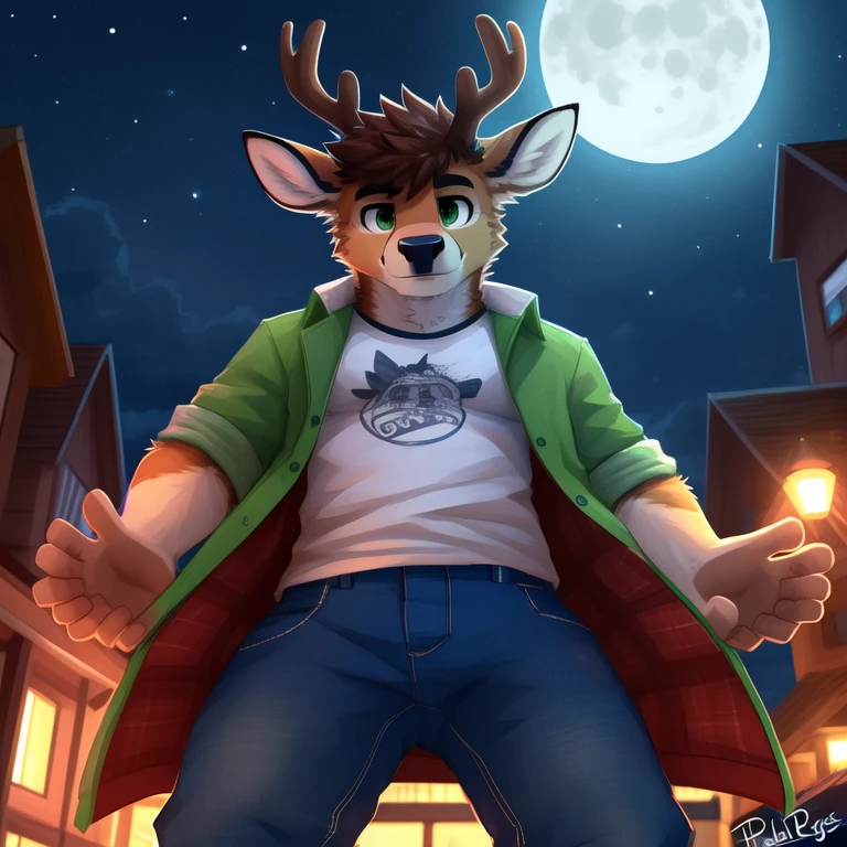 (masterpiece, Best Quality:1.2), at night, Alone, Posing, looking at you, deer, detailed face, detailed body, toned body, 5 fingers, Detailed hands, relaxed hands, green eyes, detailed eyes, short hair same coat color, 2 arms, pants suave, T-shirt, view from below, por pache riggs